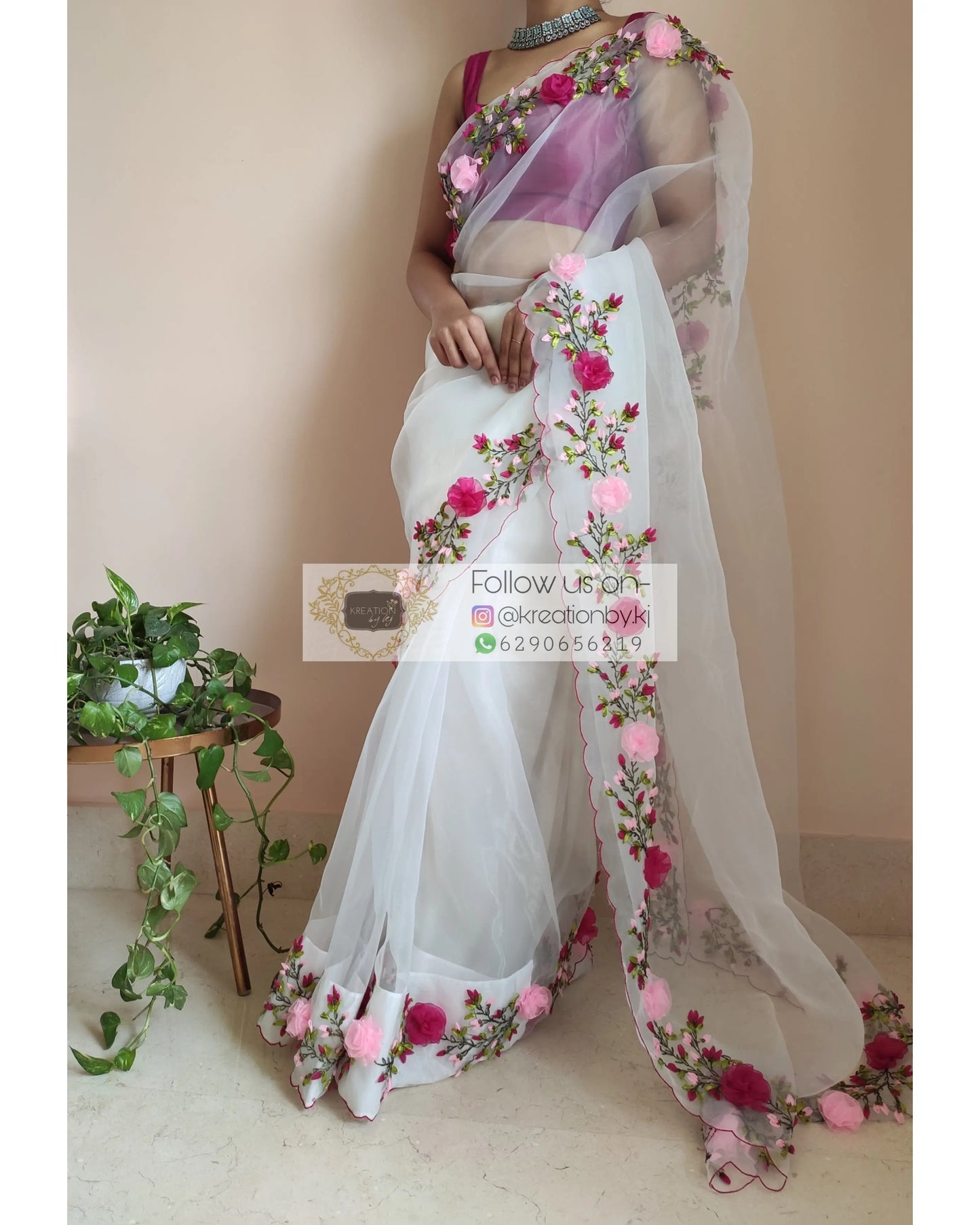 White Organza Saree With French Ribbon Embroidery - kreationbykj