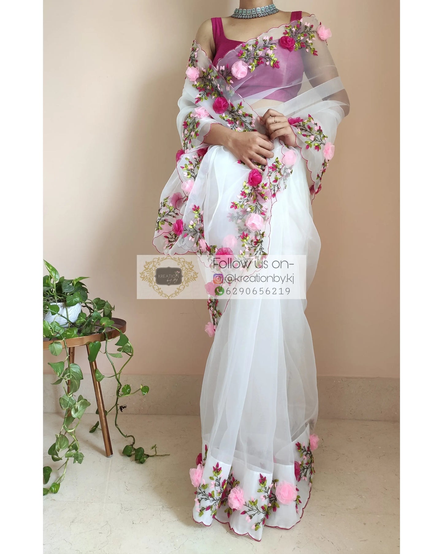 White Organza Saree With French Ribbon Embroidery - kreationbykj
