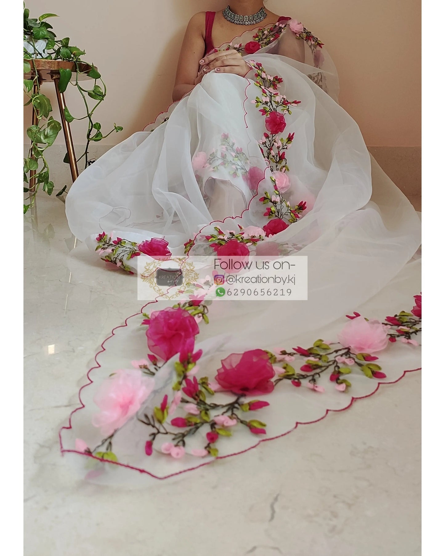 White Organza Saree With French Ribbon Embroidery - kreationbykj