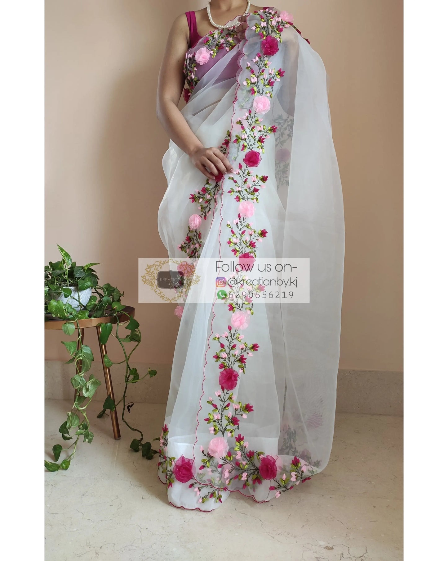 White Organza Saree With French Ribbon Embroidery - kreationbykj