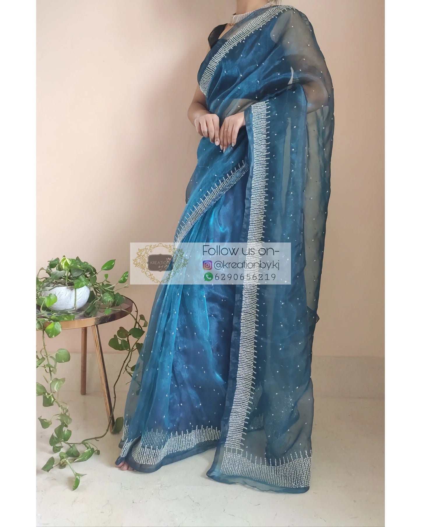 Cobalt Blue Glass Tissue Sitara Saree - kreationbykj