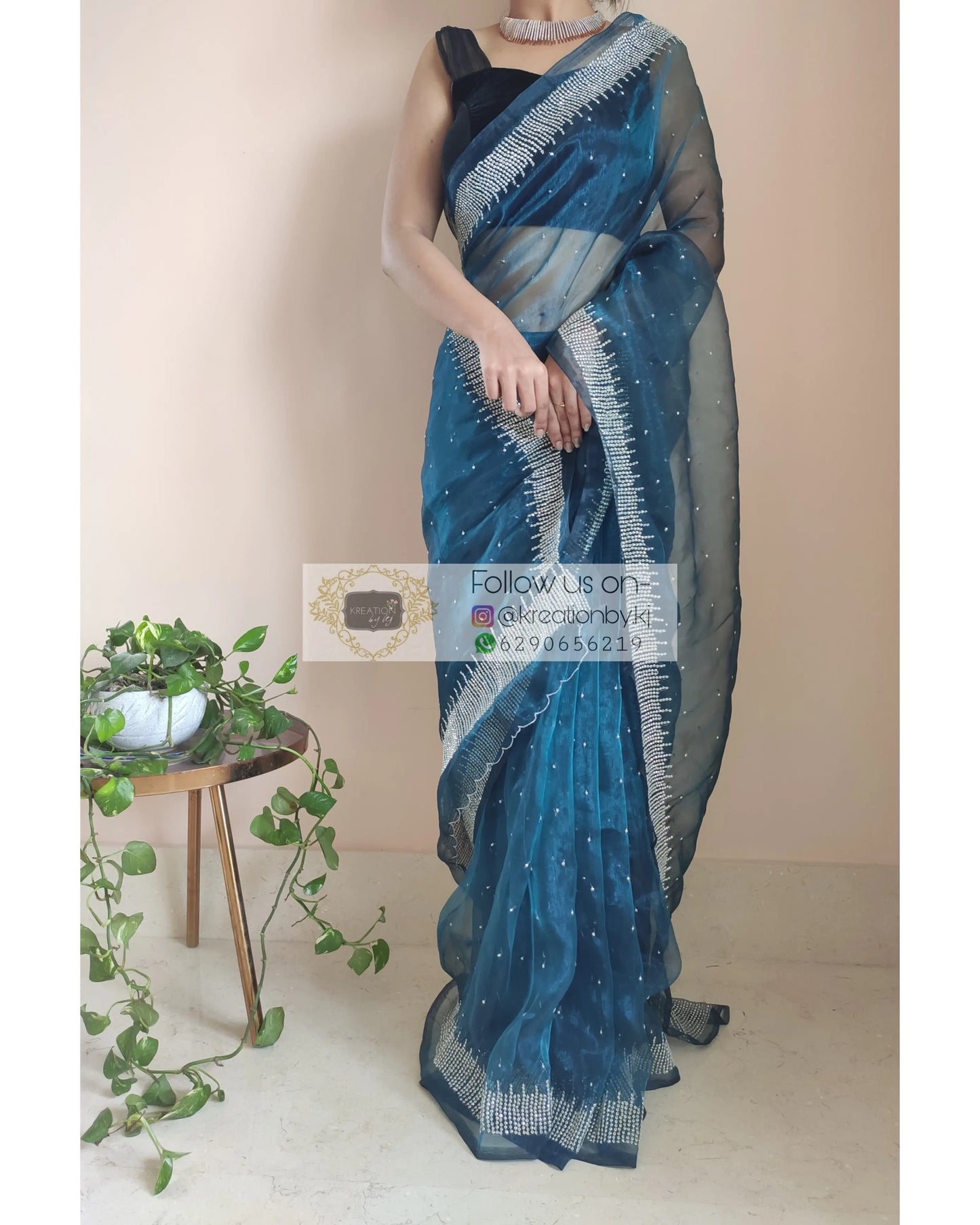 Cobalt Blue Glass Tissue Sitara Saree - kreationbykj