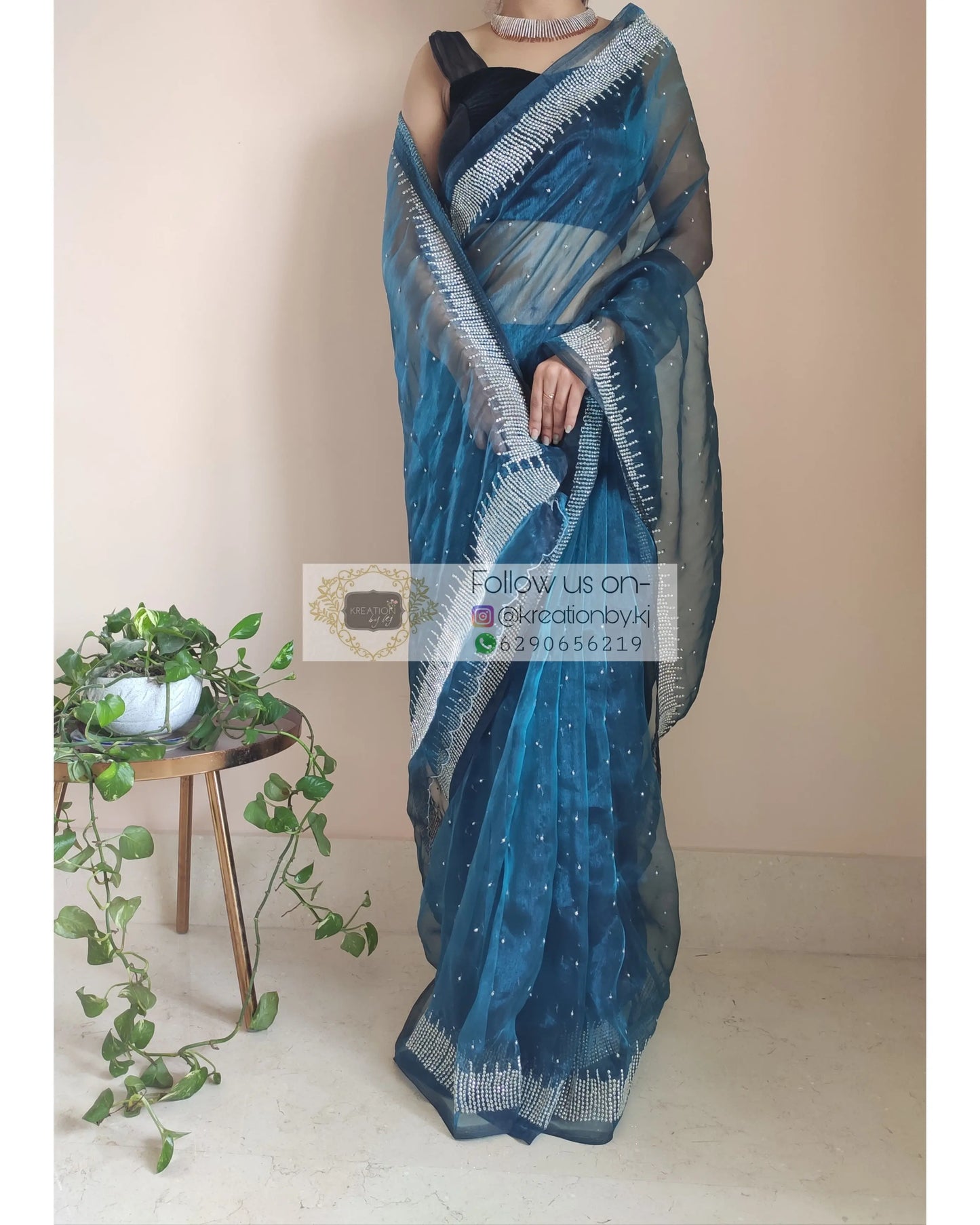 Cobalt Blue Glass Tissue Sitara Saree - kreationbykj