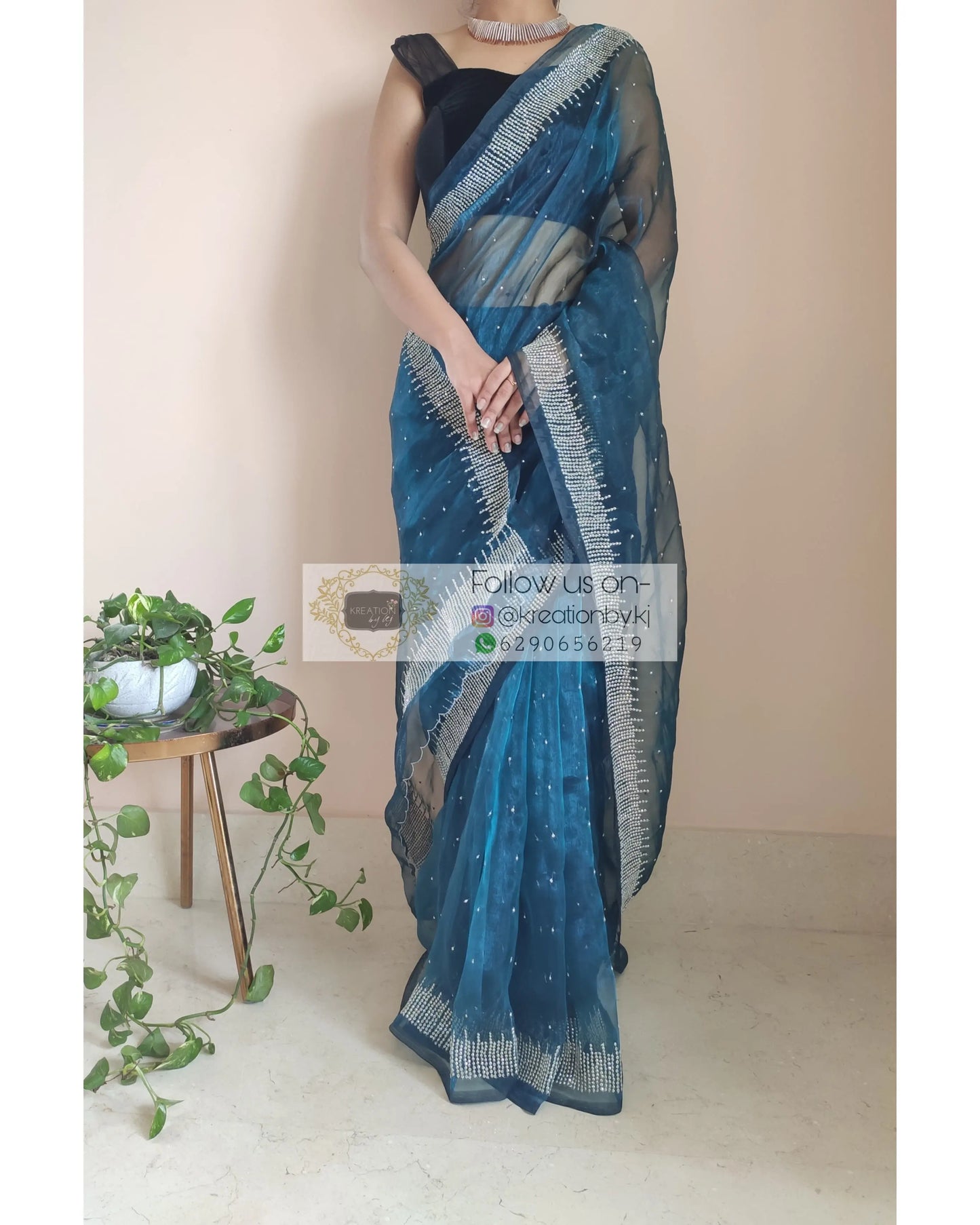 Cobalt Blue Glass Tissue Sitara Saree - kreationbykj