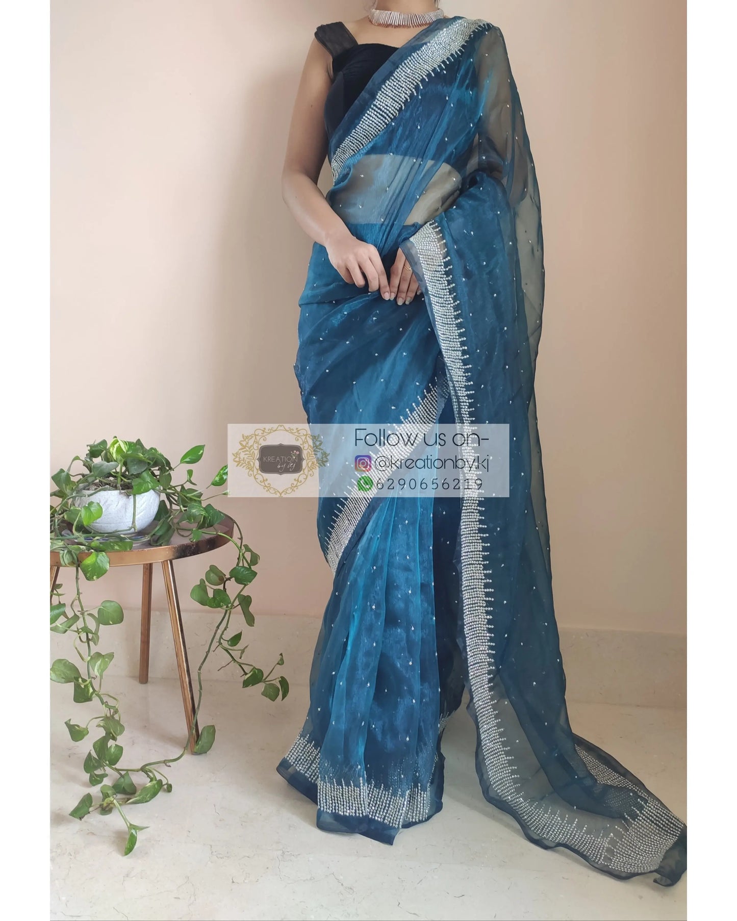 Cobalt Blue Glass Tissue Sitara Saree - kreationbykj