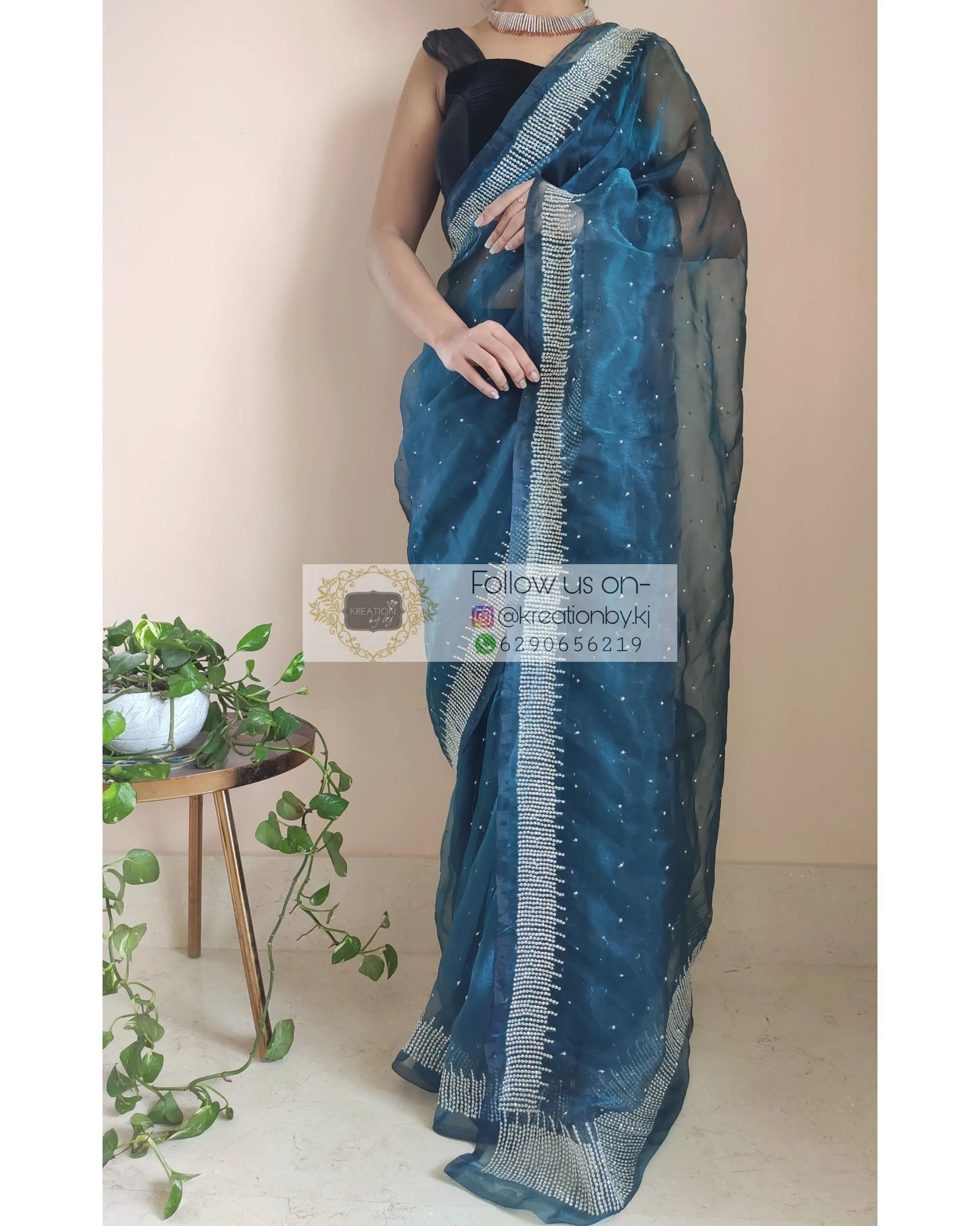Cobalt Blue Glass Tissue Sitara Saree - kreationbykj