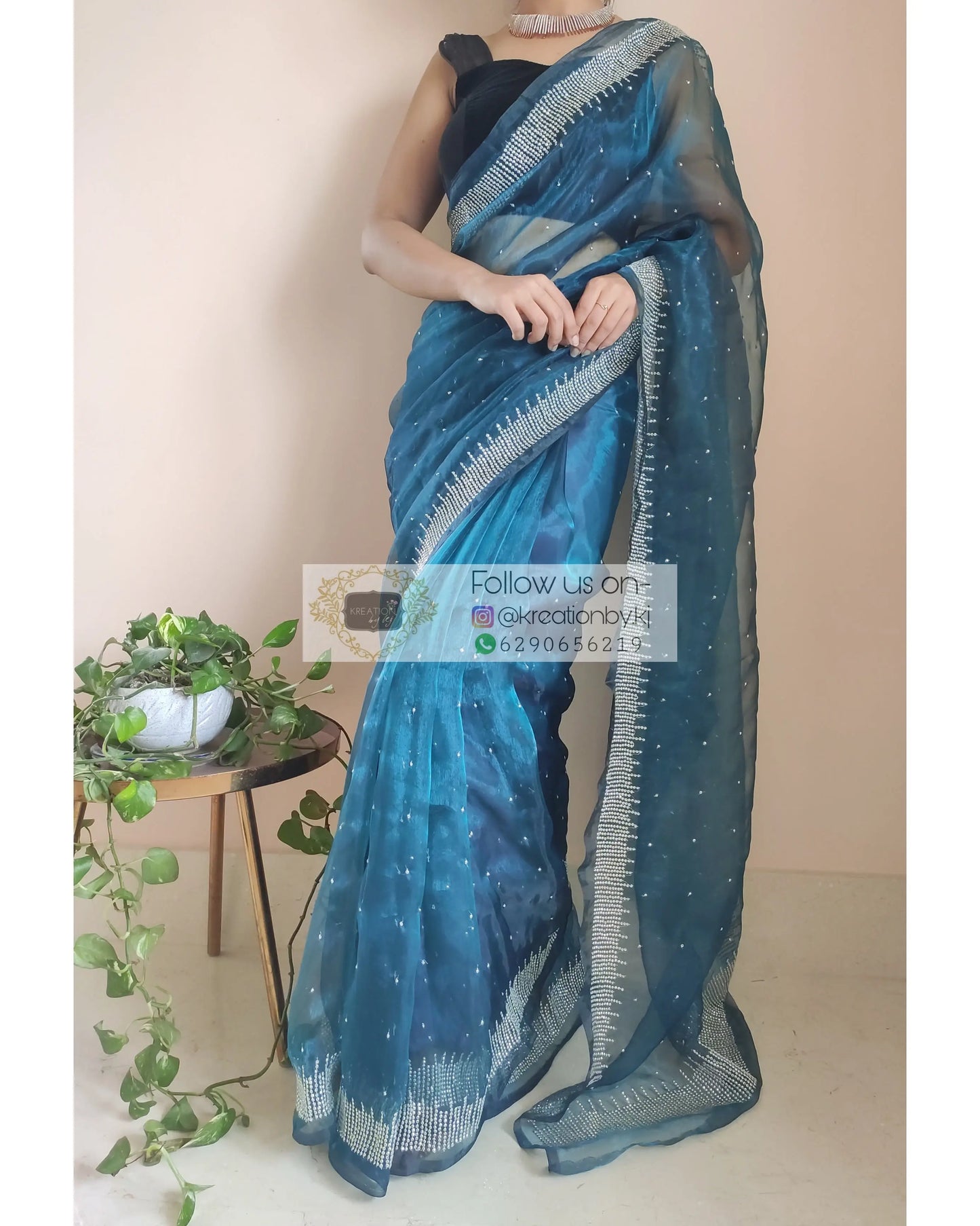 Cobalt Blue Glass Tissue Sitara Saree - kreationbykj