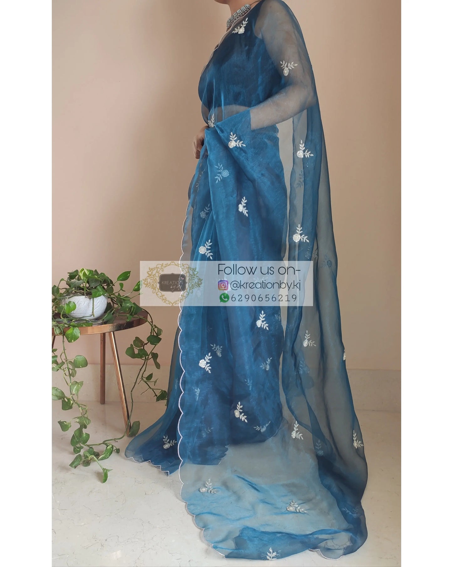 Cobalt Blue Glass Tissue 86 Boota Saree - kreationbykj