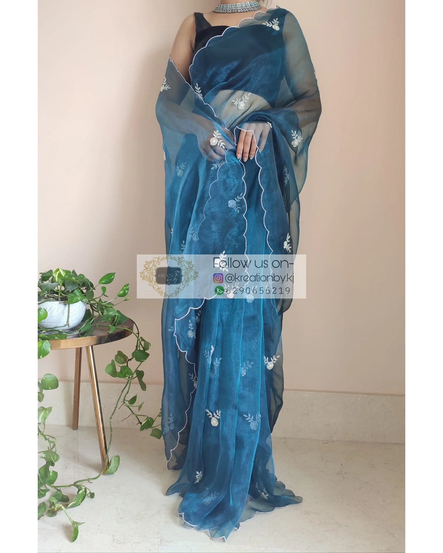 Cobalt Blue Glass Tissue 86 Boota Saree - kreationbykj