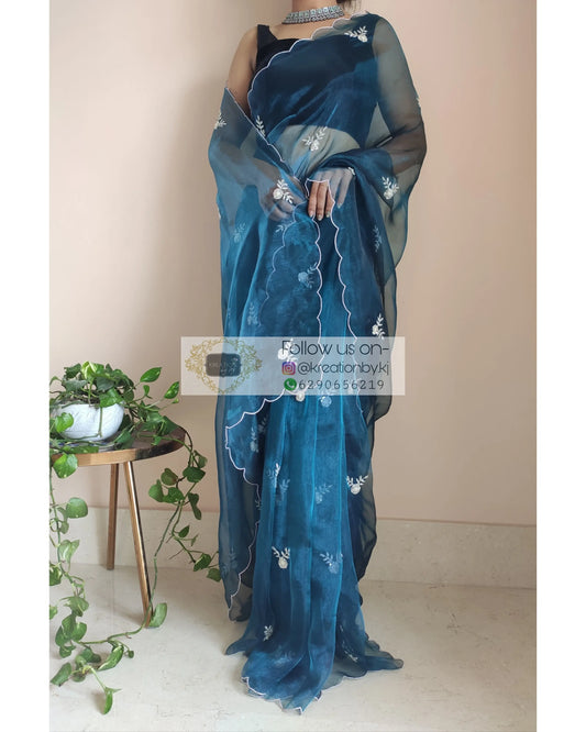 Cobalt Blue Glass Tissue 86 Boota Saree - kreationbykj
