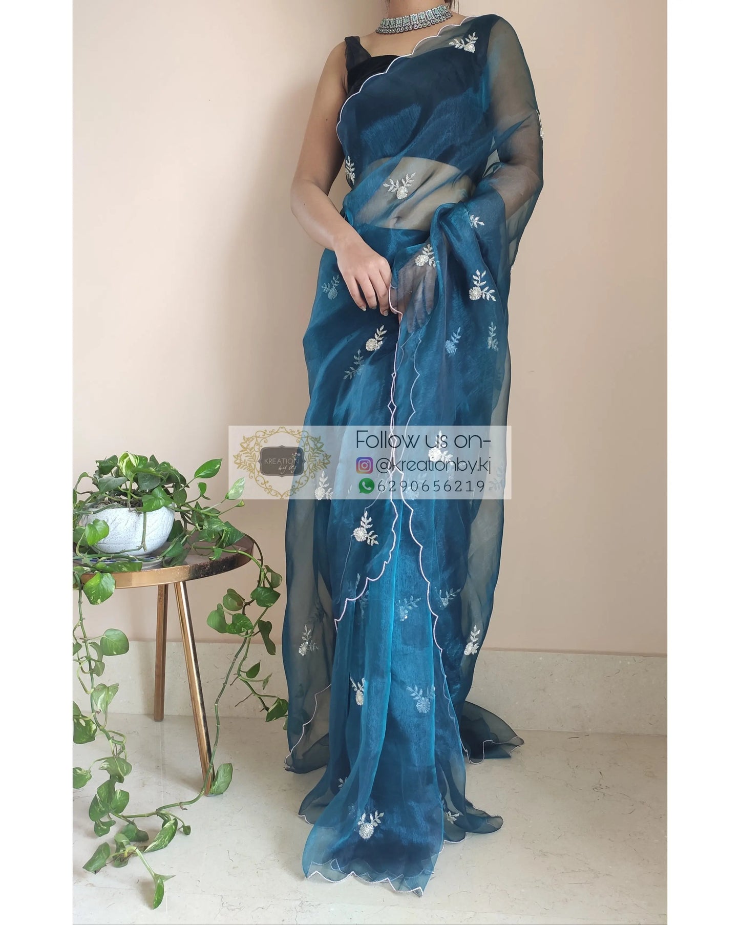 Cobalt Blue Glass Tissue 86 Boota Saree - kreationbykj