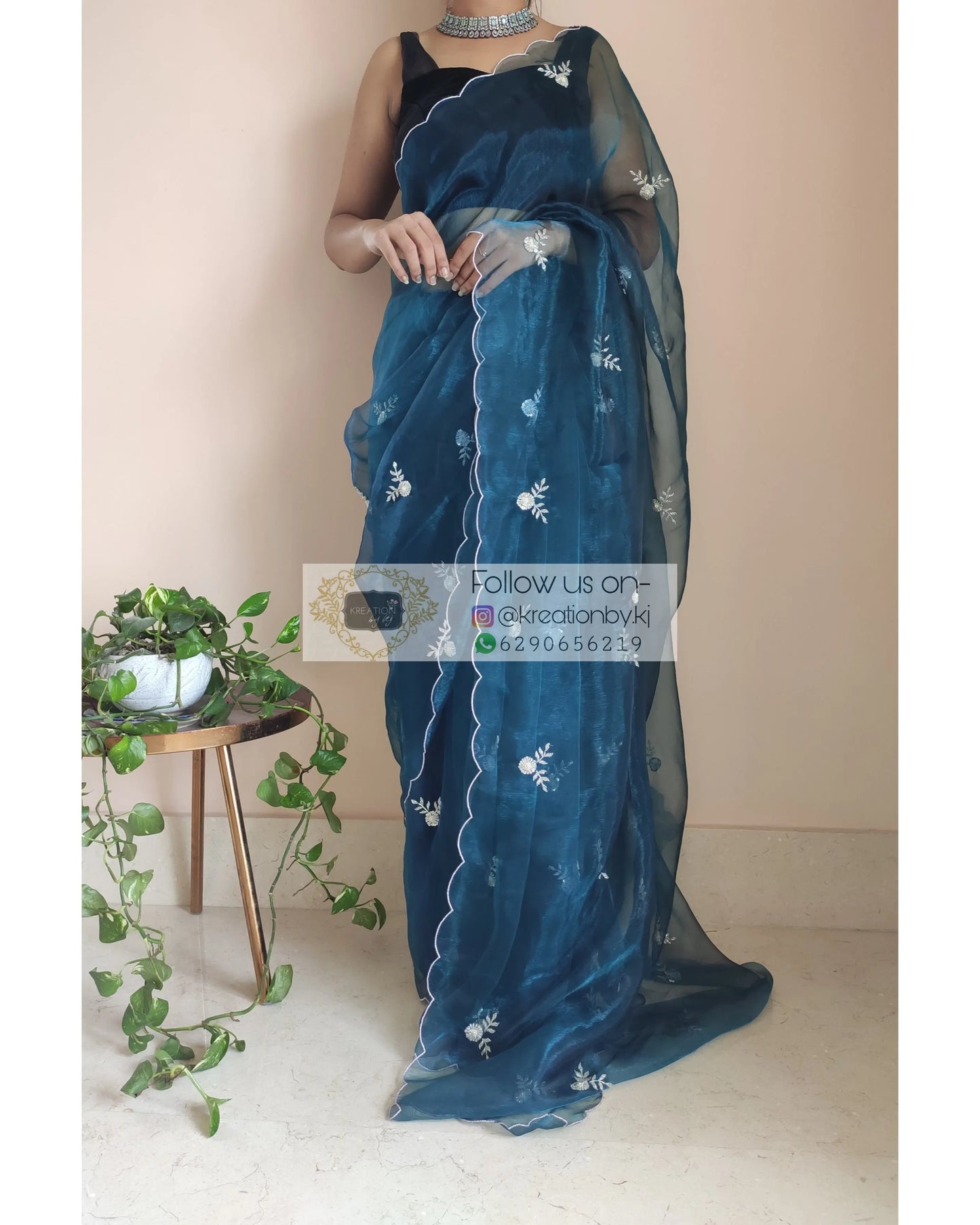 Cobalt Blue Glass Tissue 86 Boota Saree - kreationbykj