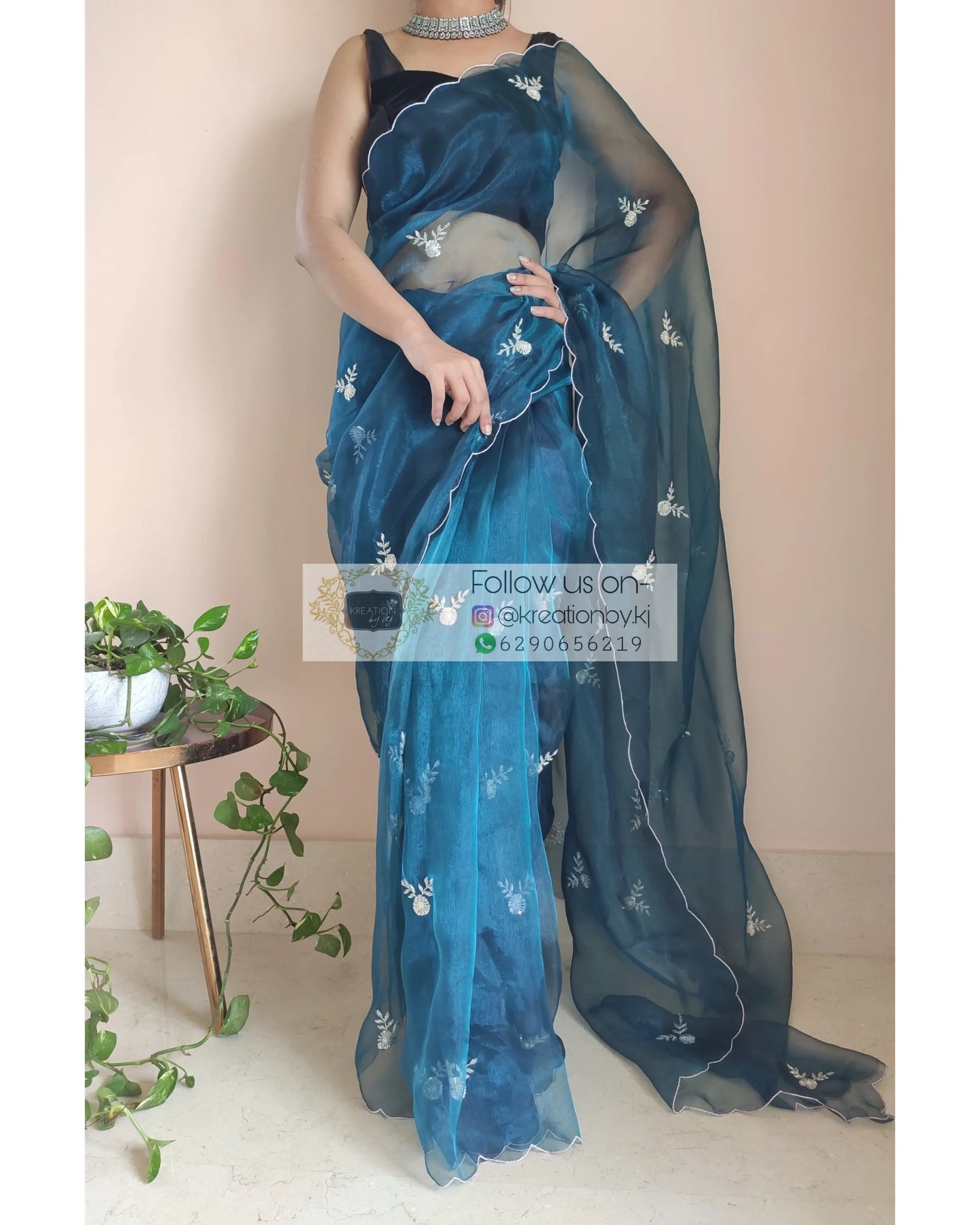 Cobalt Blue Glass Tissue 86 Boota Saree - kreationbykj