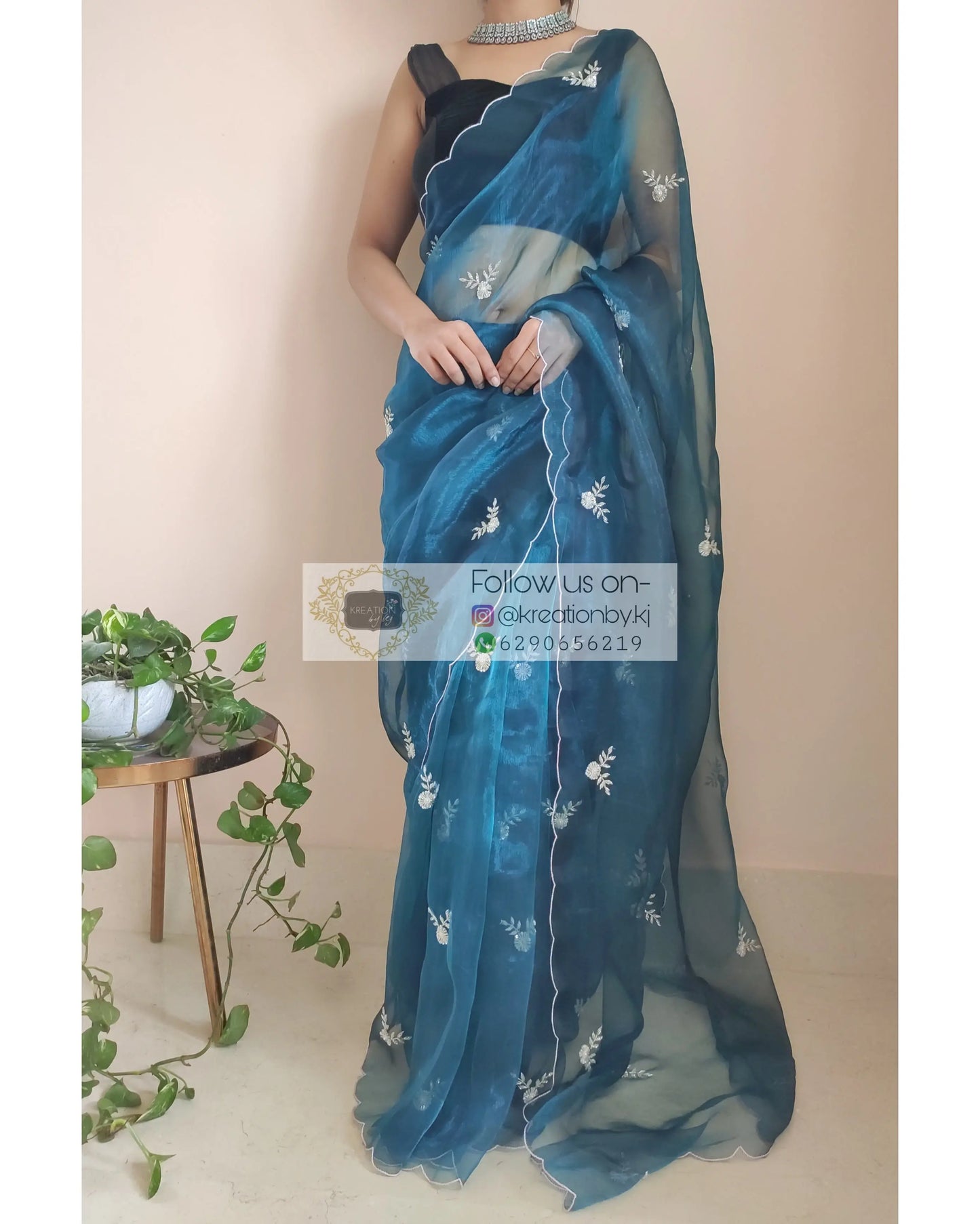 Cobalt Blue Glass Tissue 86 Boota Saree - kreationbykj