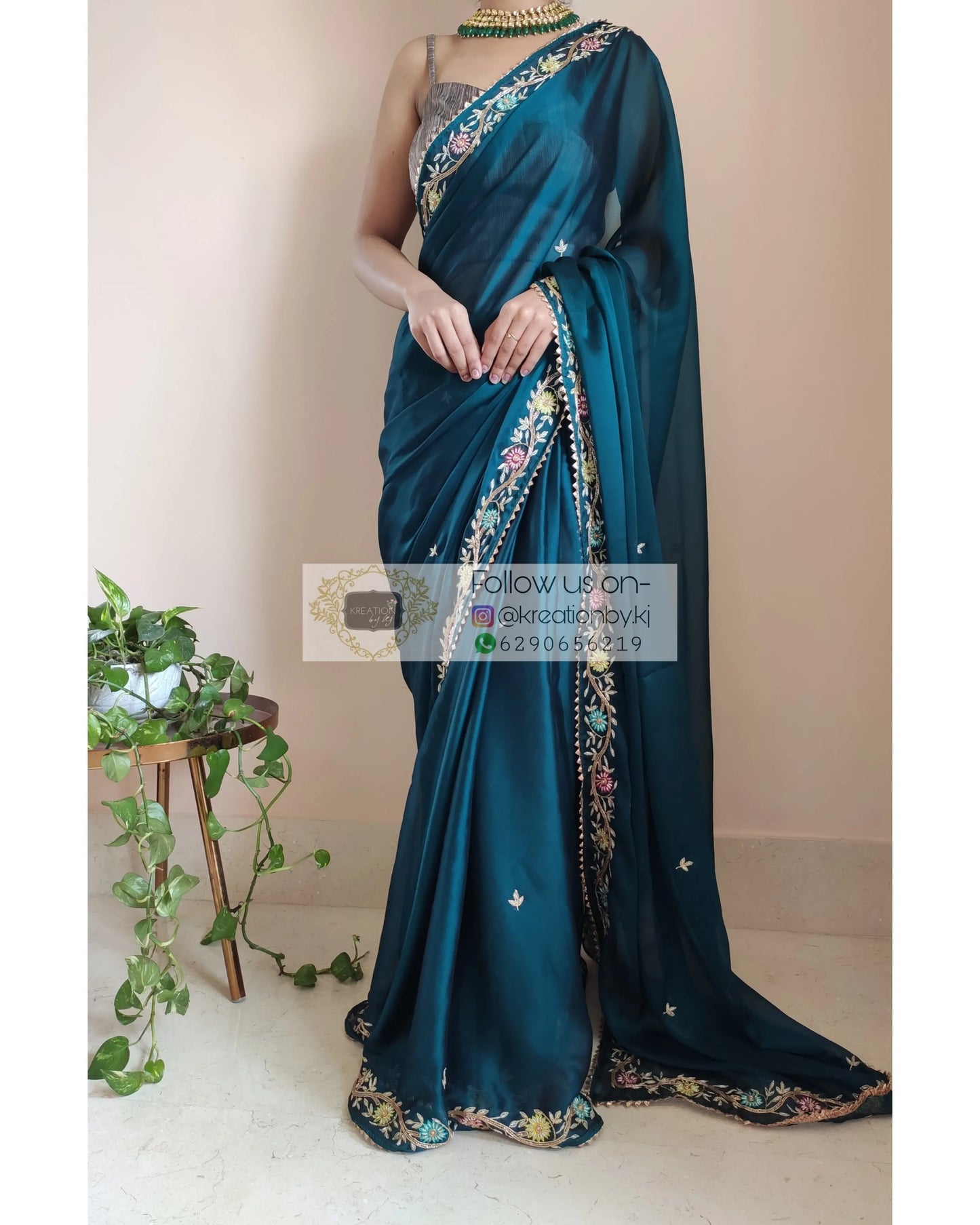 Cobalt Blue Georgette Silk Zardosi Minakari Saree - kreationbykj