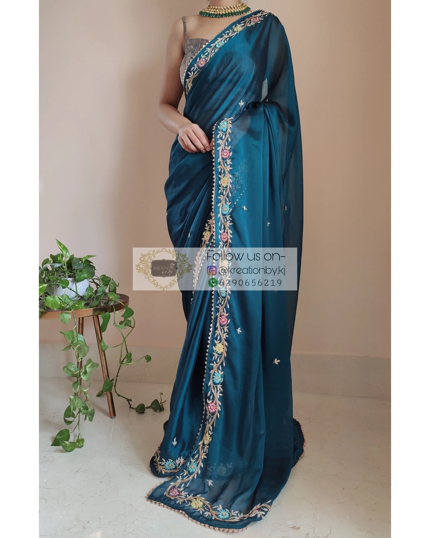 Cobalt Blue Georgette Silk Zardosi Minakari Saree - kreationbykj