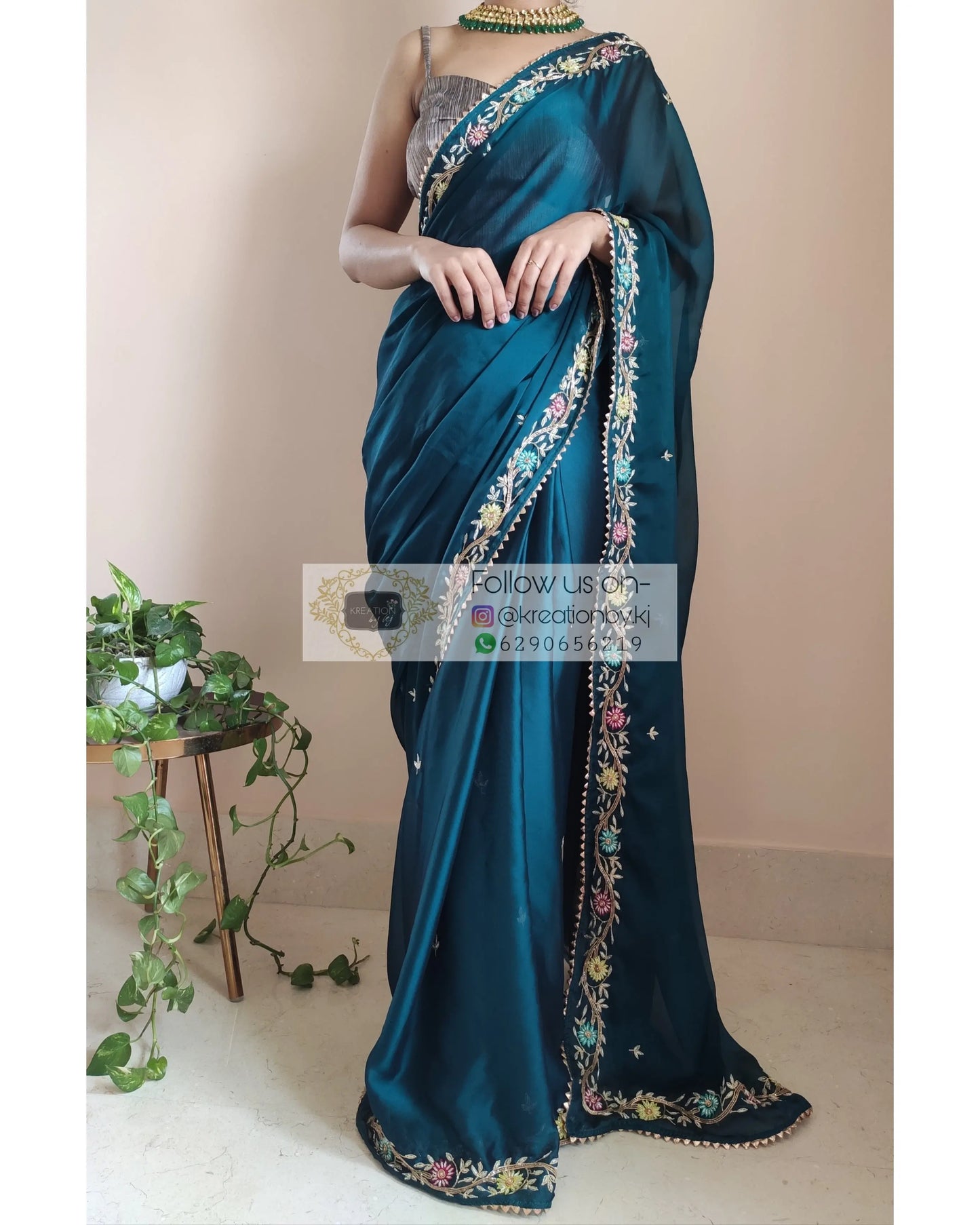Cobalt Blue Georgette Silk Zardosi Minakari Saree - kreationbykj