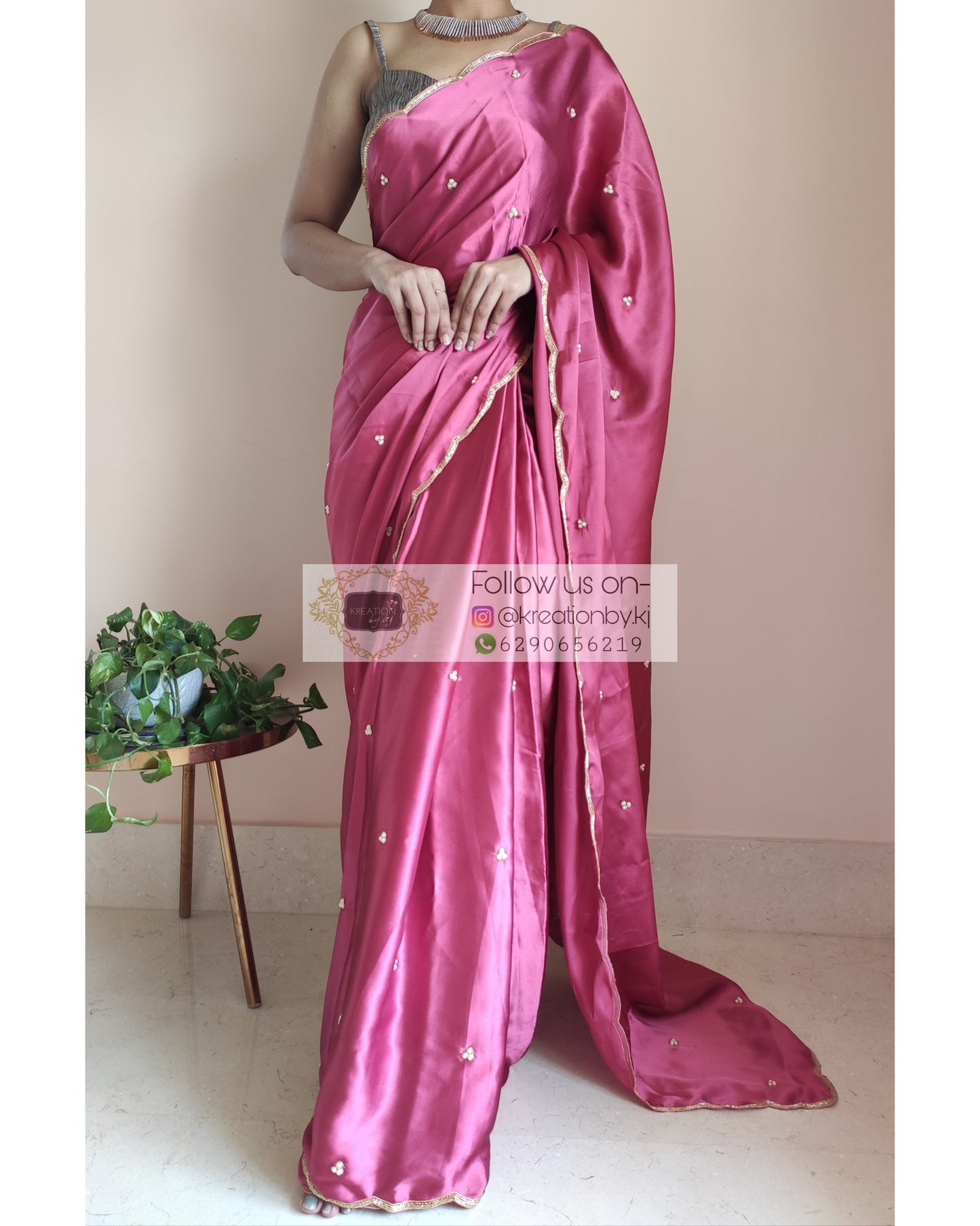 Rose Pink Satin Silk Saree With Handembroidered Scalloping - kreationbykj