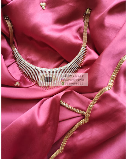Rose Pink Satin Silk Saree With Handembroidered Scalloping - kreationbykj