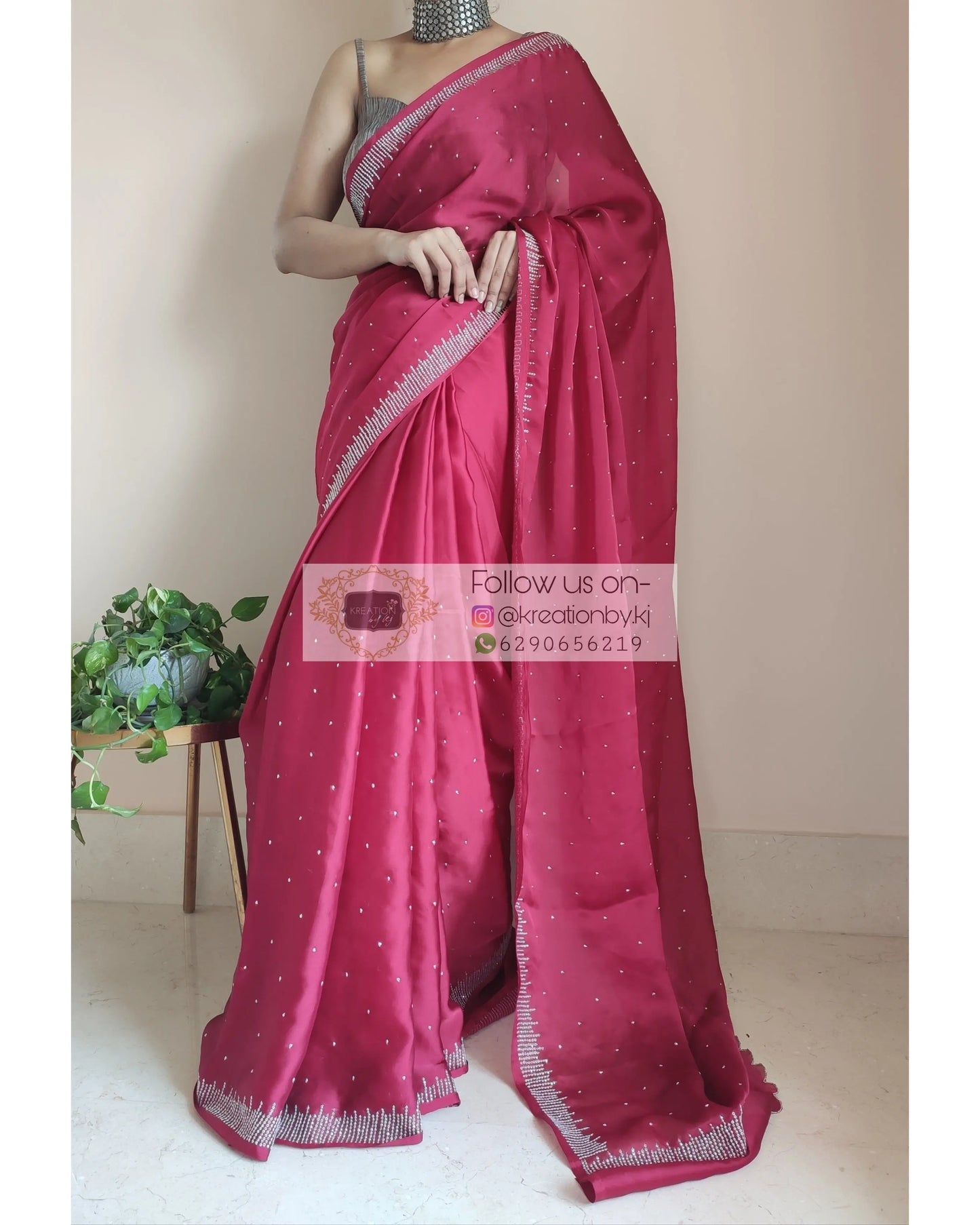 Maroon Crepe Silk Sitara Saree - kreationbykj