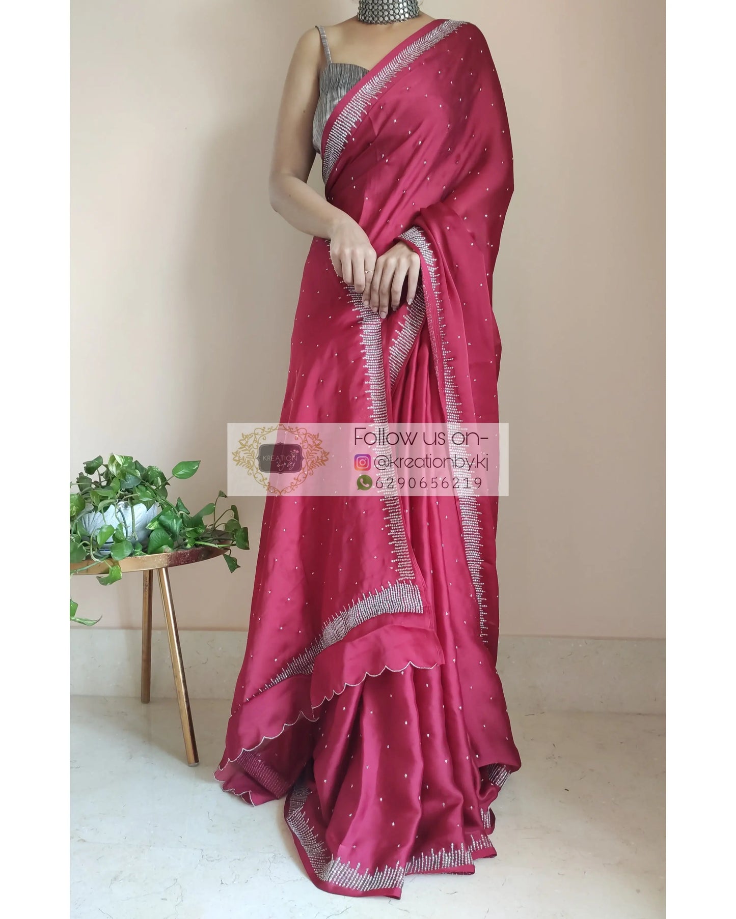 Maroon Crepe Silk Sitara Saree - kreationbykj