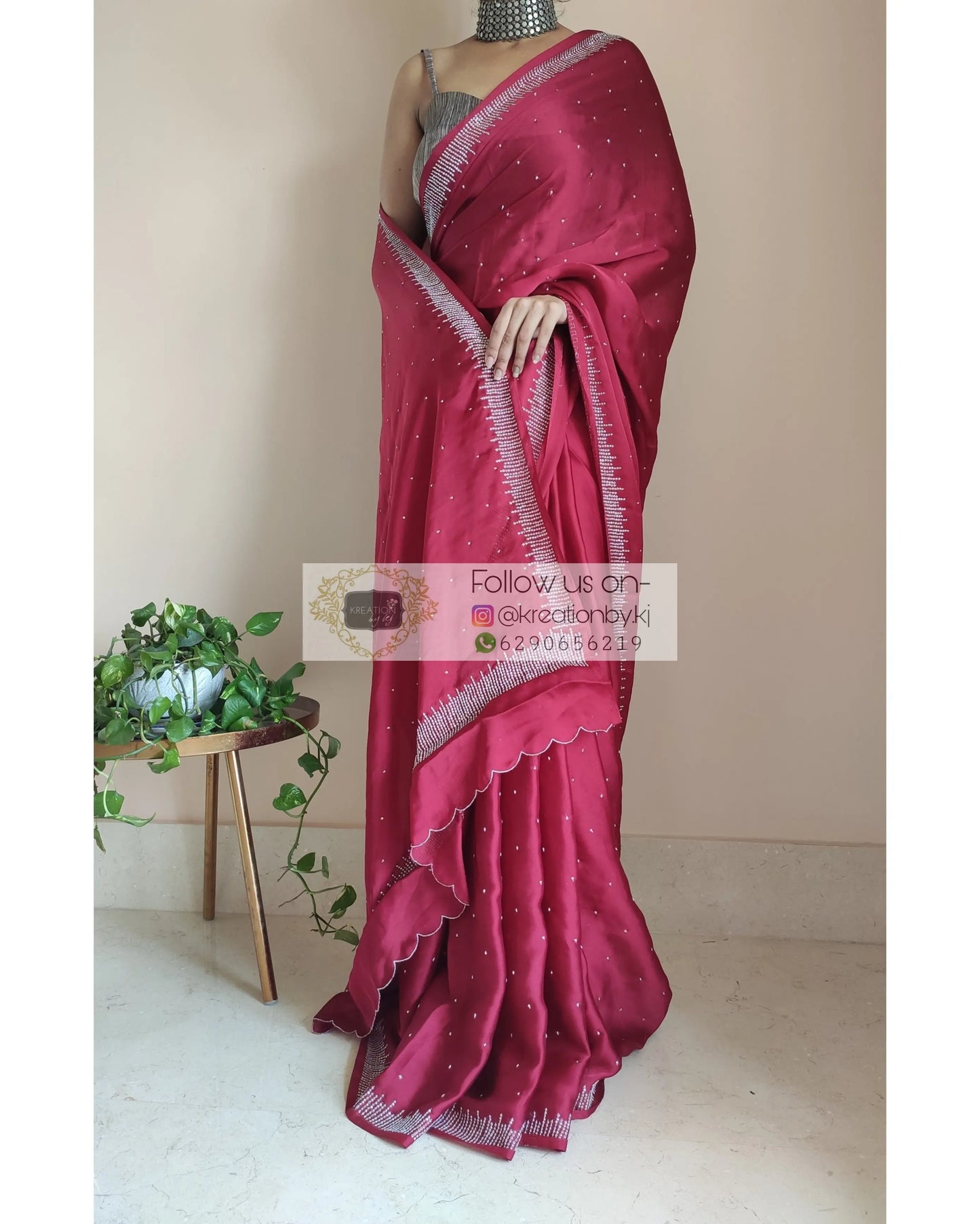 Maroon Crepe Silk Sitara Saree - kreationbykj