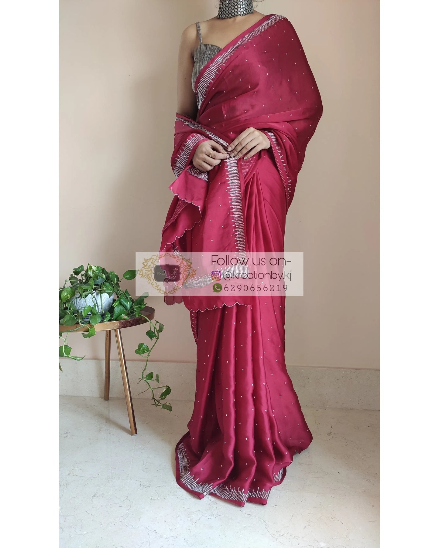 Maroon Crepe Silk Sitara Saree - kreationbykj