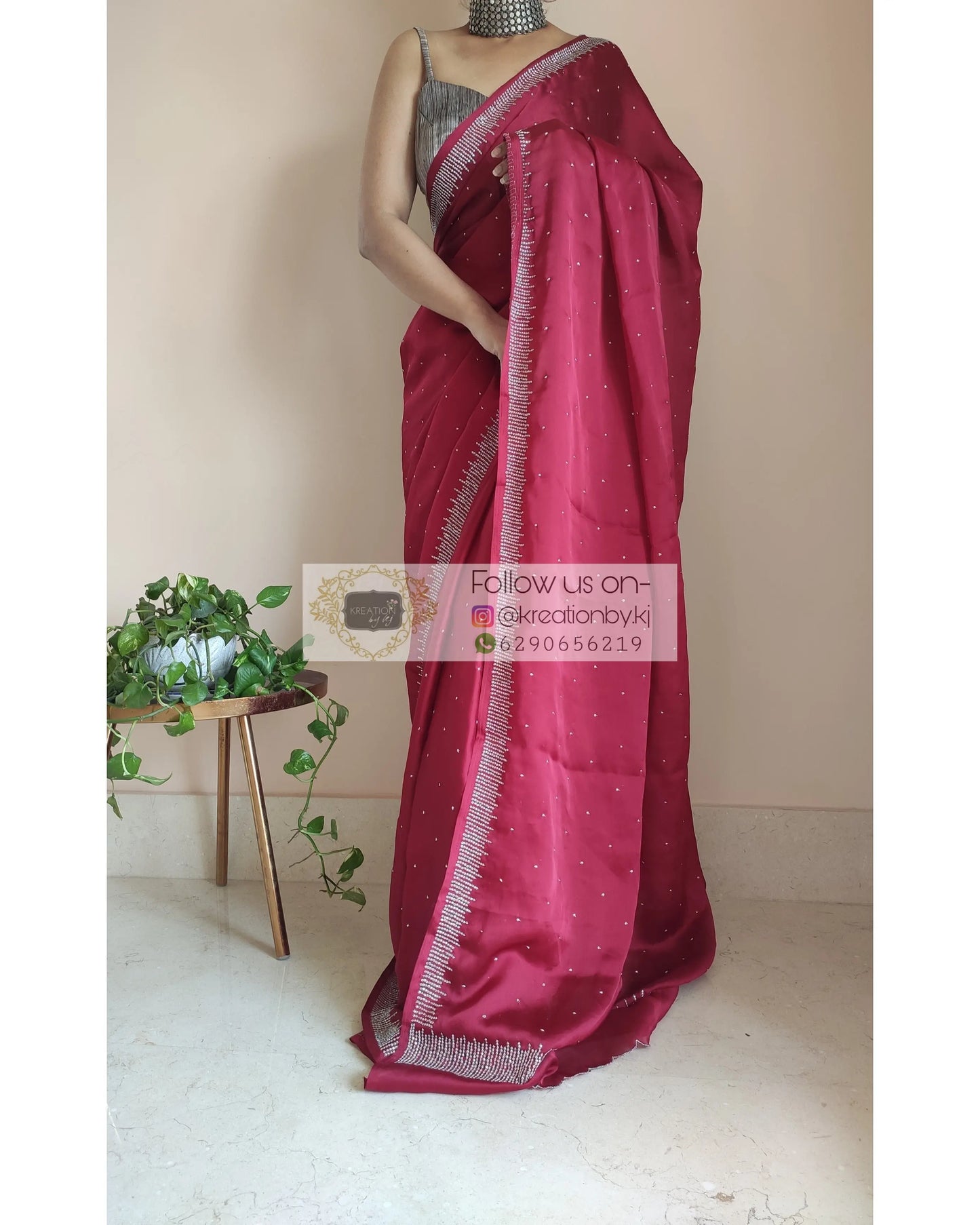 Maroon Crepe Silk Sitara Saree - kreationbykj