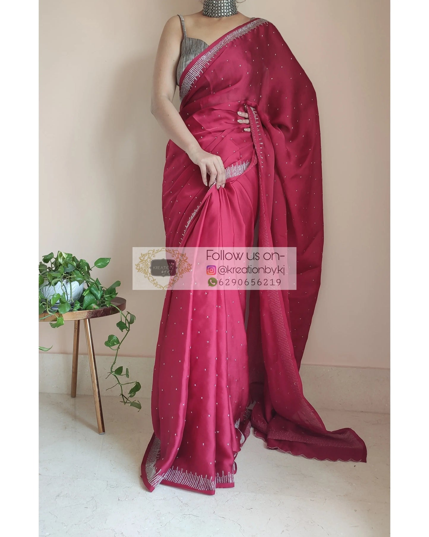 Maroon Crepe Silk Sitara Saree - kreationbykj