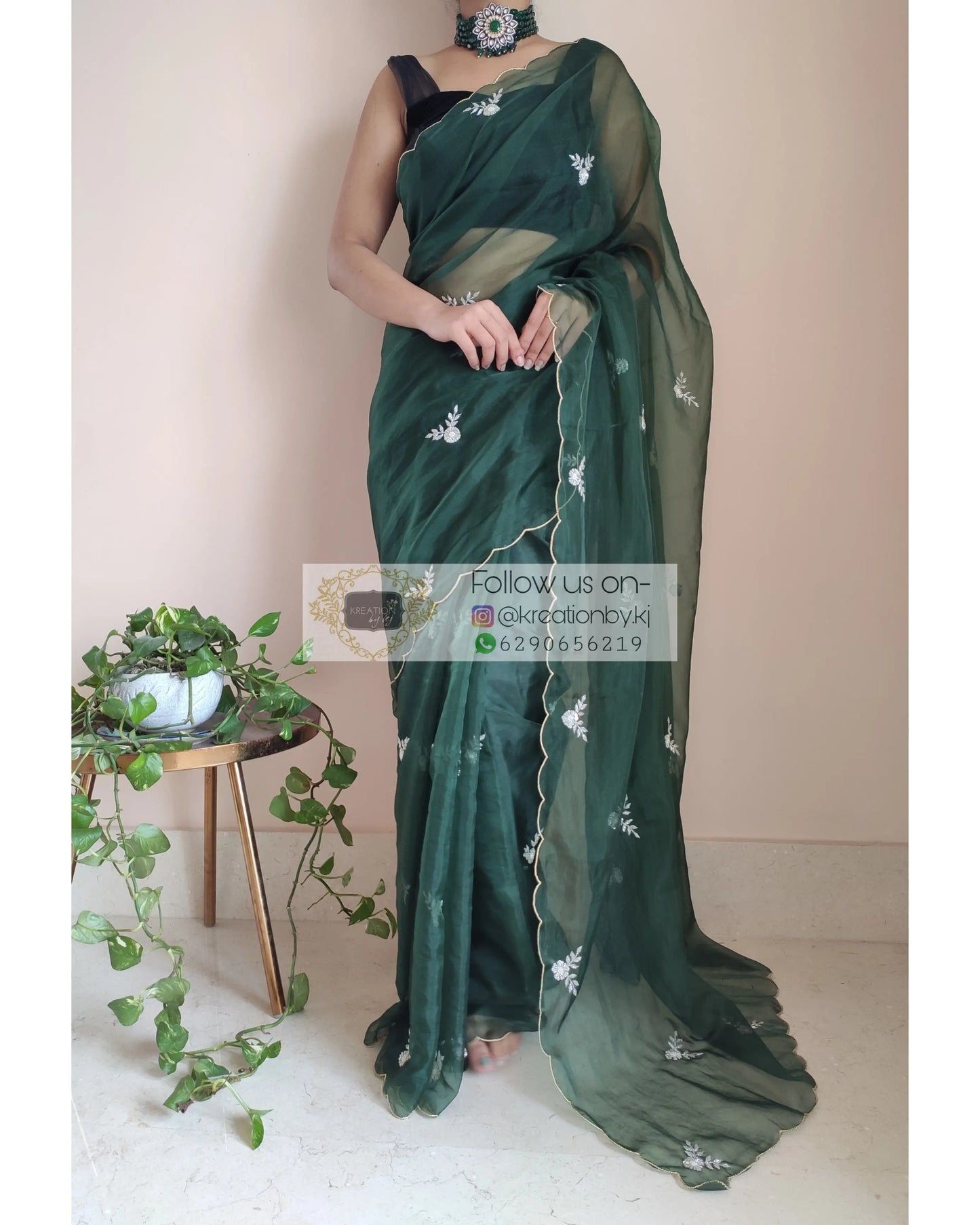Dark Green Organza Silk Saree With 86 Bootas - kreationbykj