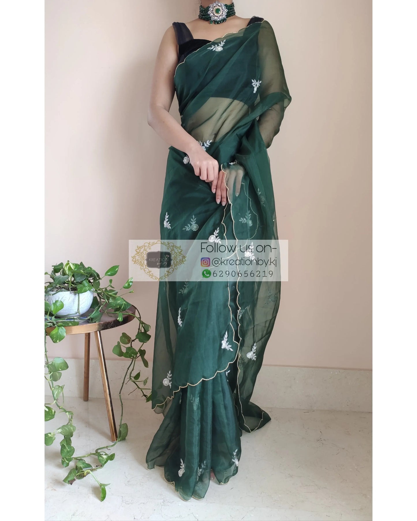 Dark Green Organza Silk Saree With 86 Bootas - kreationbykj