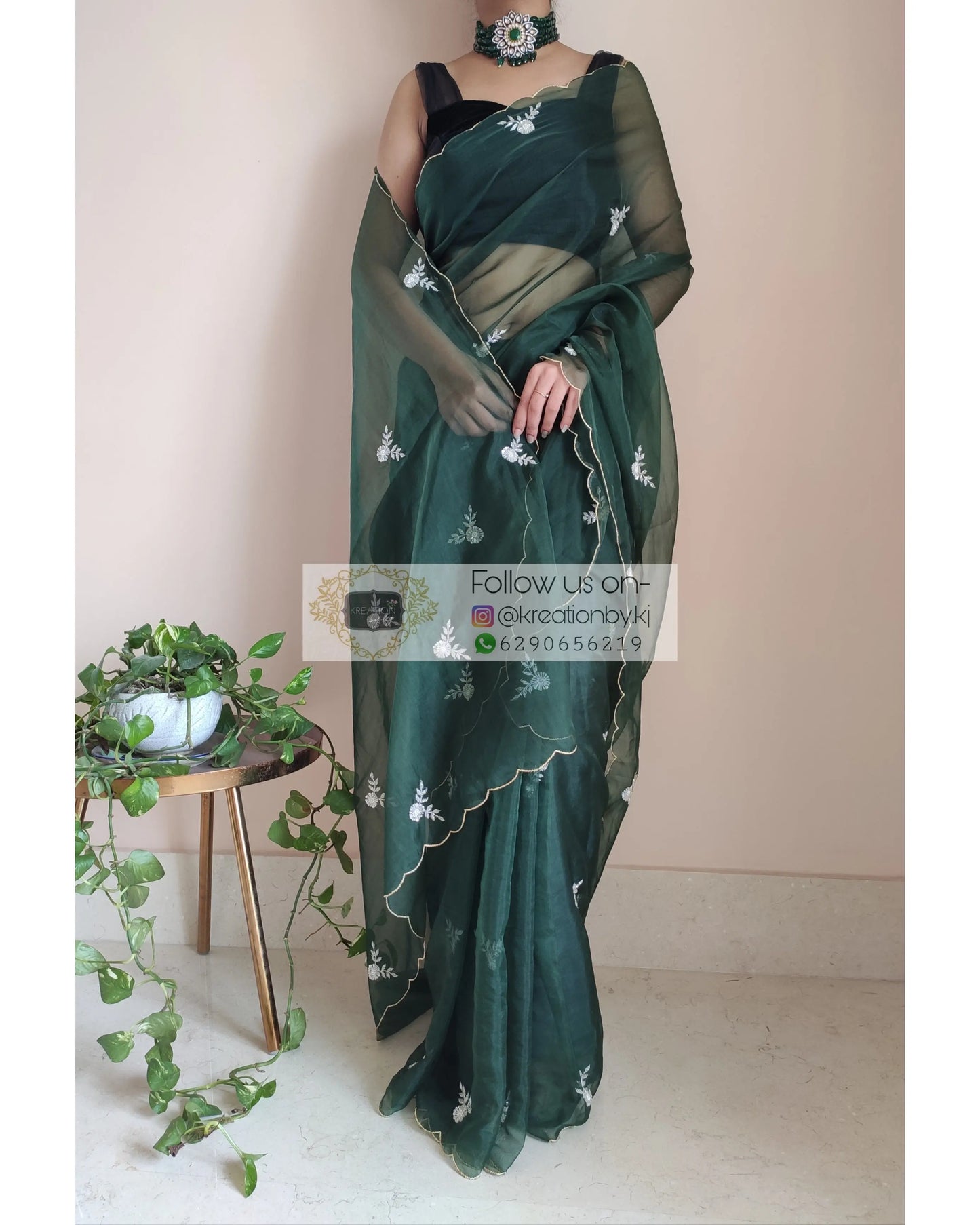 Dark Green Organza Silk Saree With 86 Bootas - kreationbykj