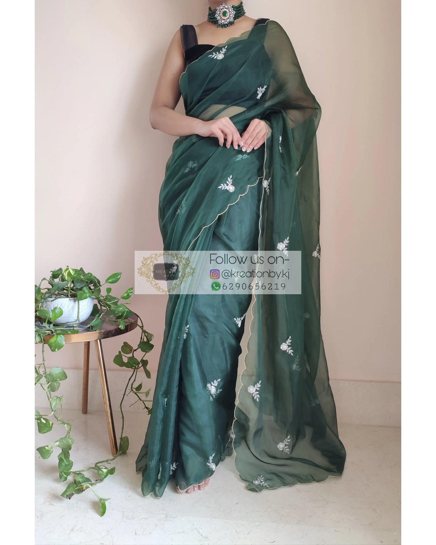 Dark Green Organza Silk Saree With 86 Bootas - kreationbykj