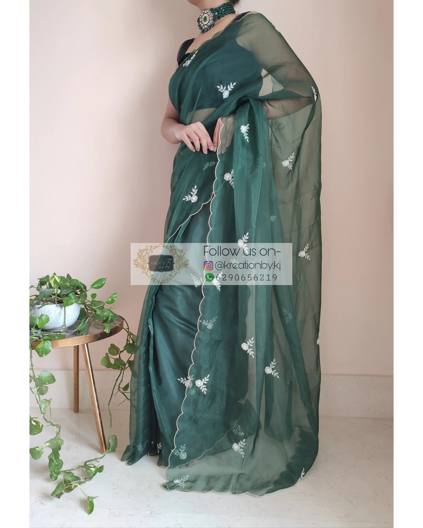 Dark Green Organza Silk Saree With 86 Bootas - kreationbykj