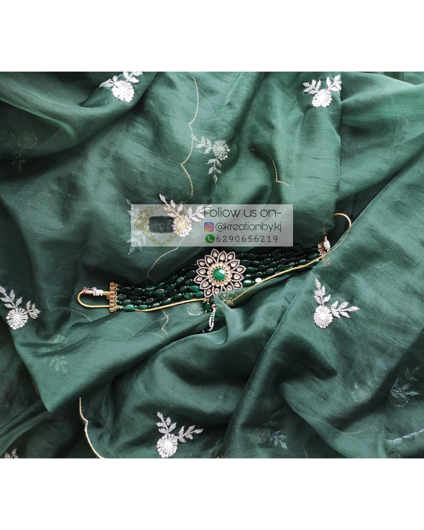 Dark Green Organza Silk Saree With 86 Bootas - kreationbykj