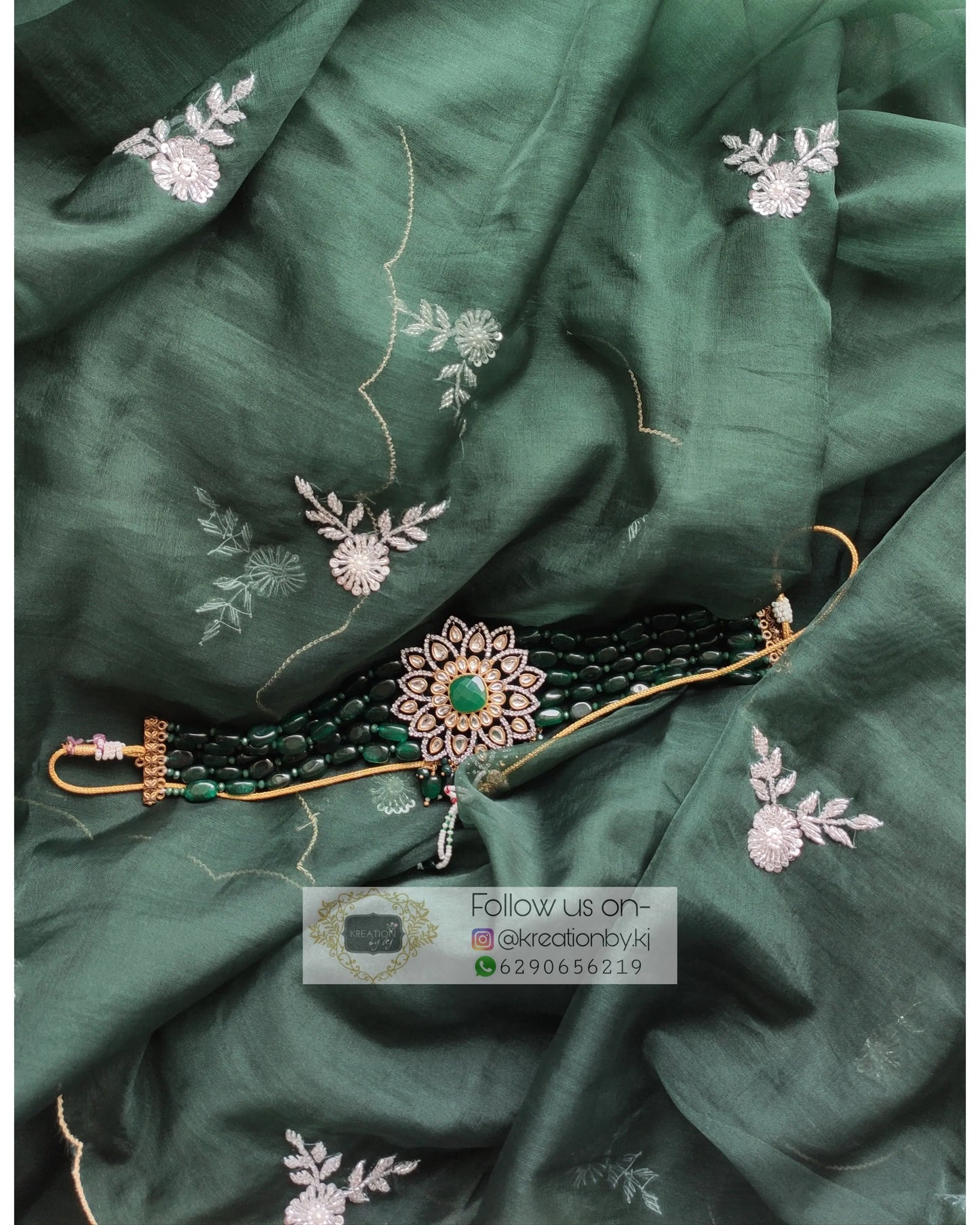Dark Green Organza Silk Saree With 86 Bootas - kreationbykj