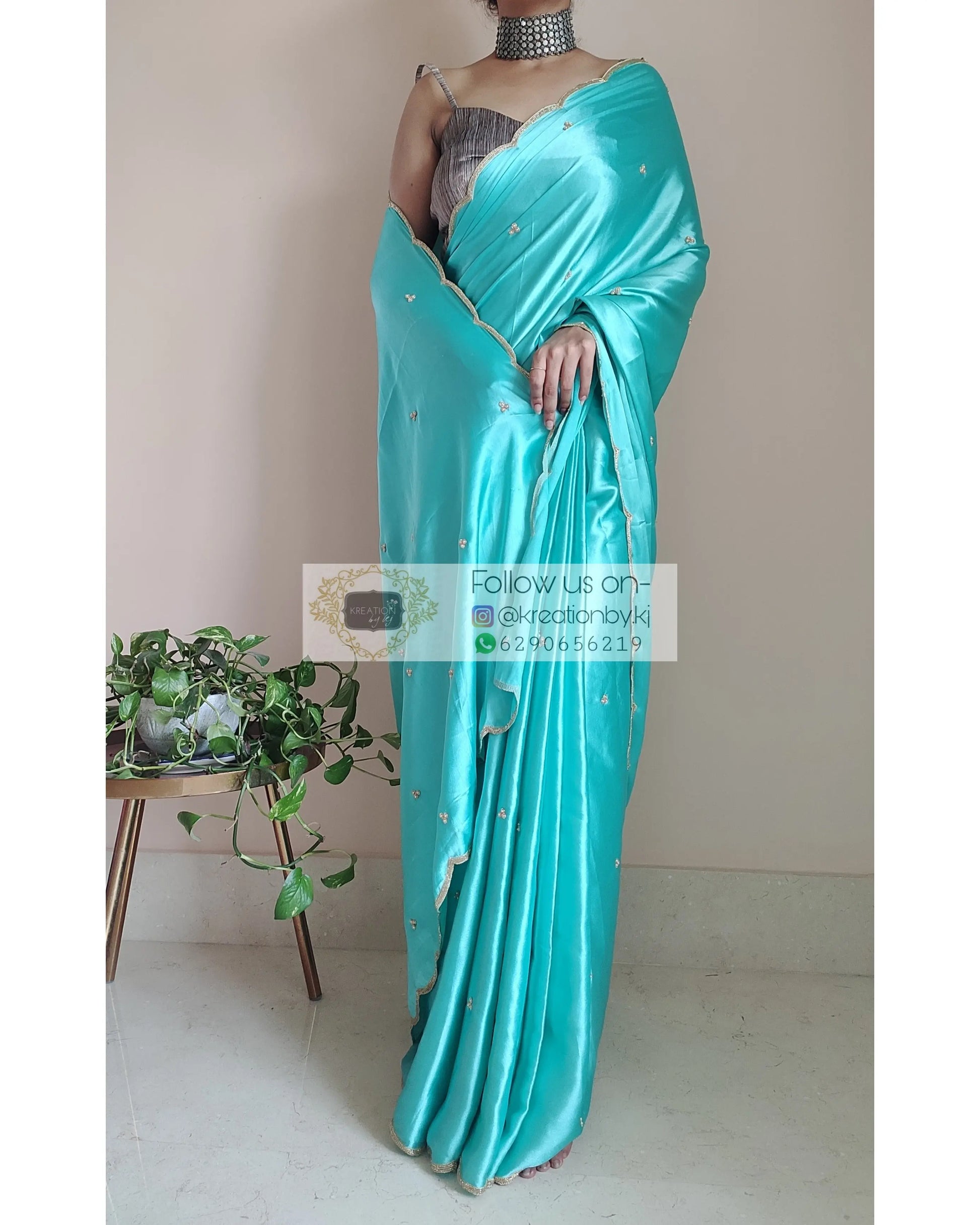 Turquoise Satin Silk Saree With Handembroidered Scalloping - kreationbykj