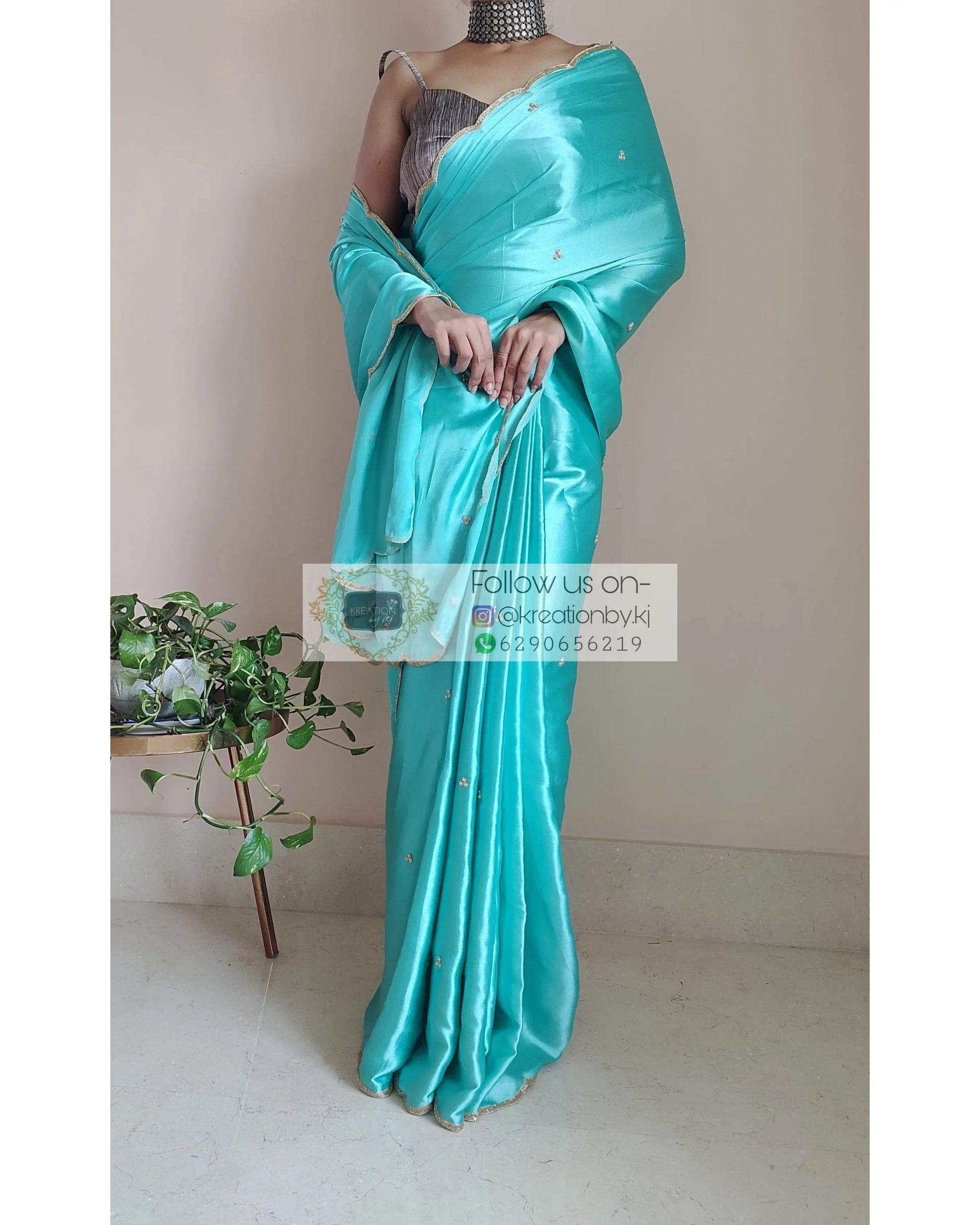 Turquoise Satin Silk Saree With Handembroidered Scalloping - kreationbykj