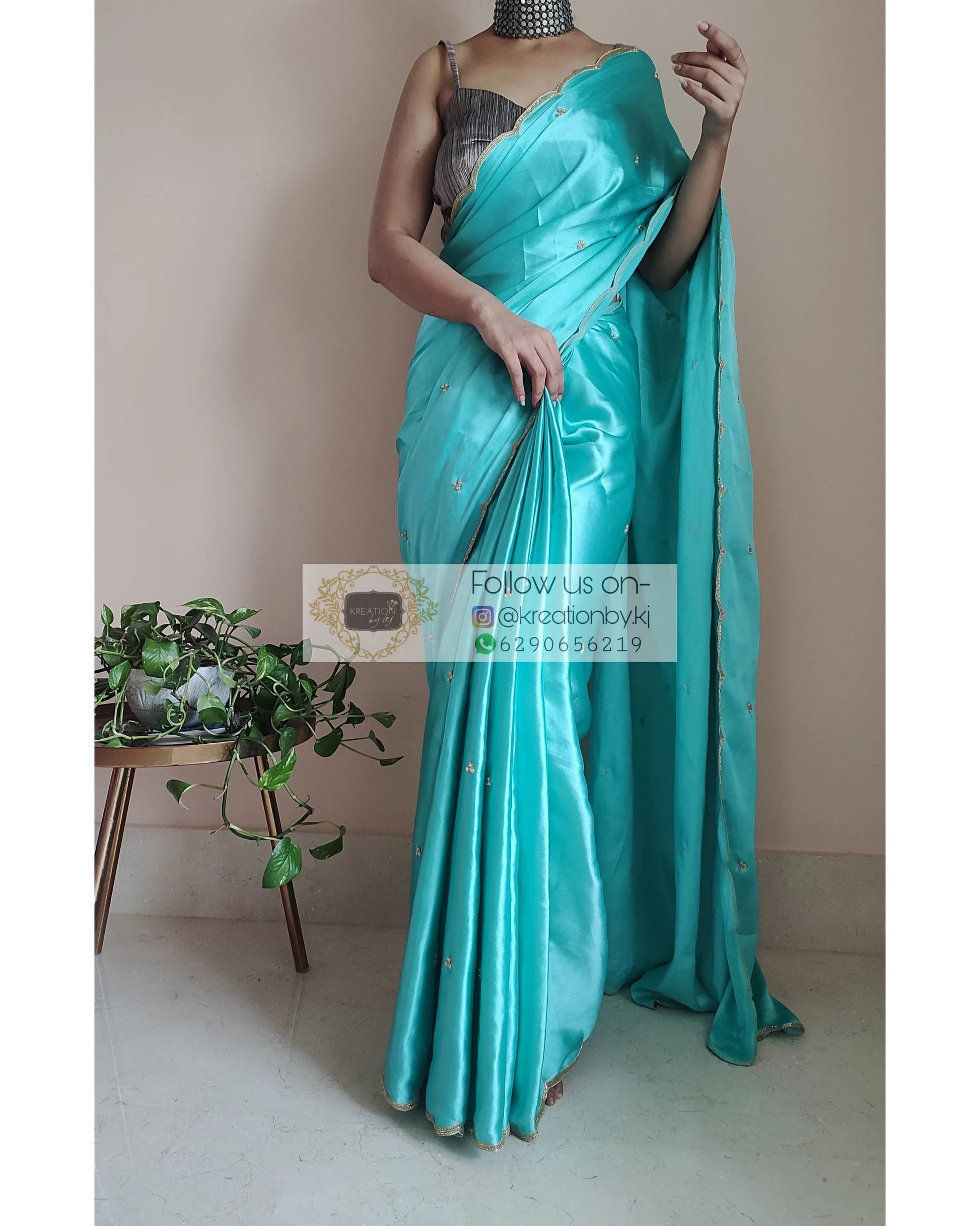 Turquoise Satin Silk Saree With Handembroidered Scalloping - kreationbykj