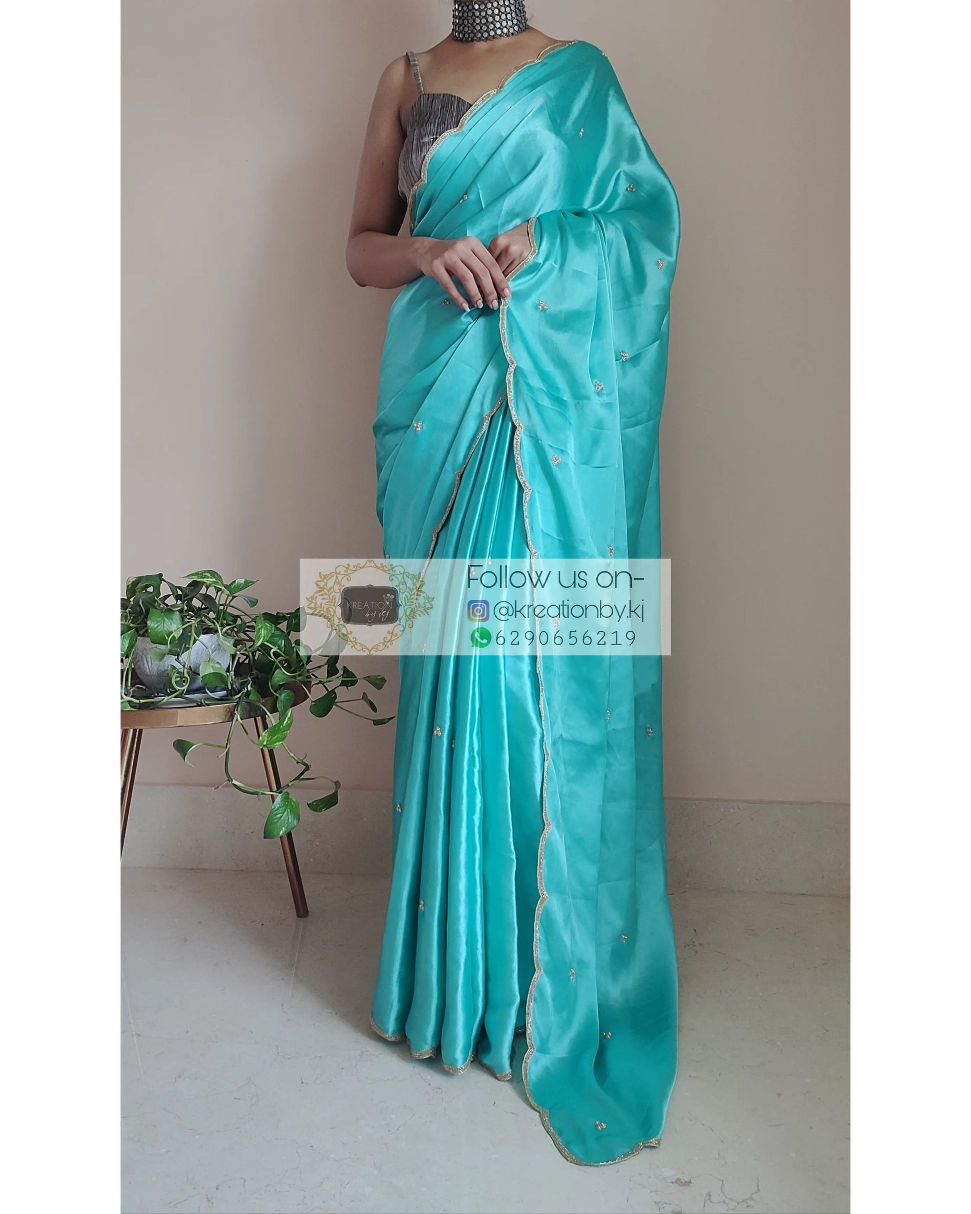 Turquoise Satin Silk Saree With Handembroidered Scalloping - kreationbykj