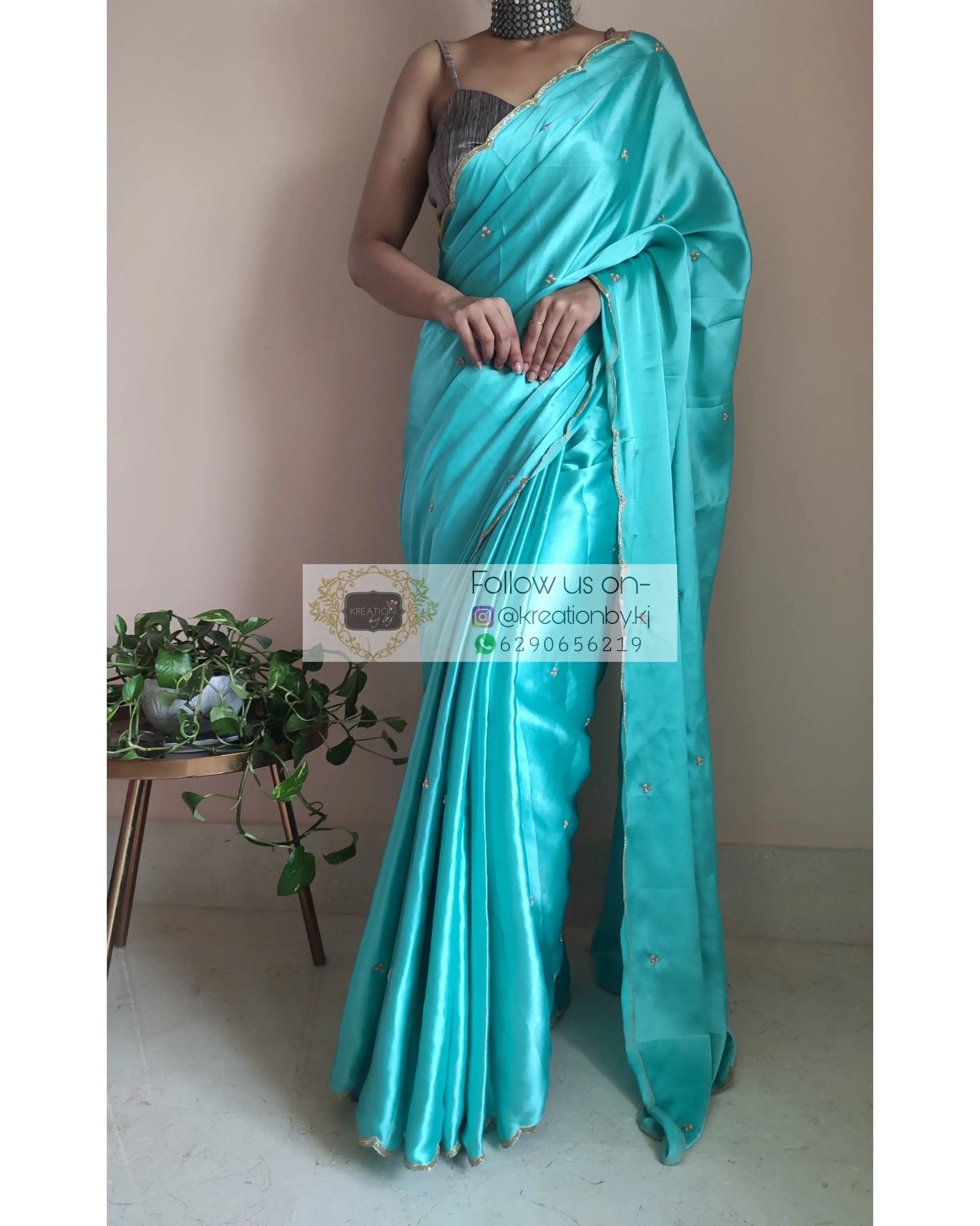 Turquoise Satin Silk Saree With Handembroidered Scalloping - kreationbykj