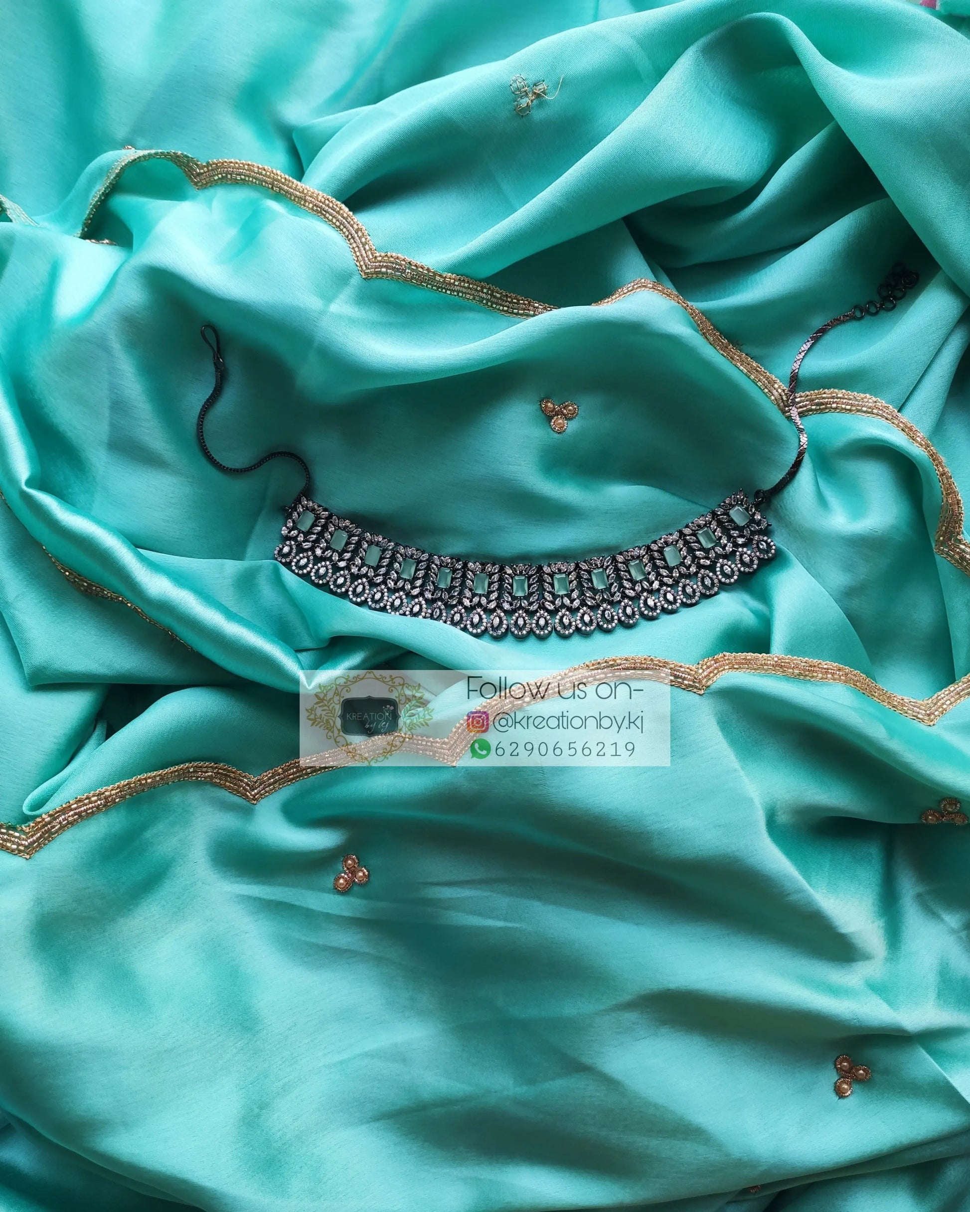 Turquoise Satin Silk Saree With Handembroidered Scalloping - kreationbykj