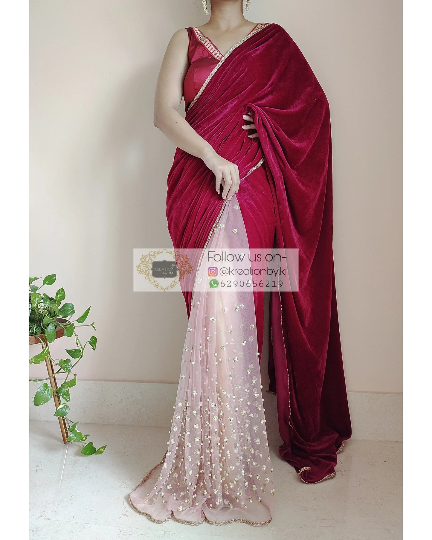 Half Magenta Velvet And Net Embellished Saree - kreationbykj