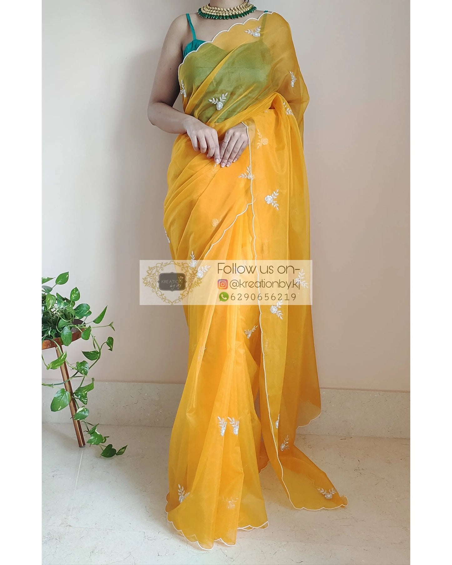 Yellow Organza Silk 86 Bootas Saree - kreationbykj