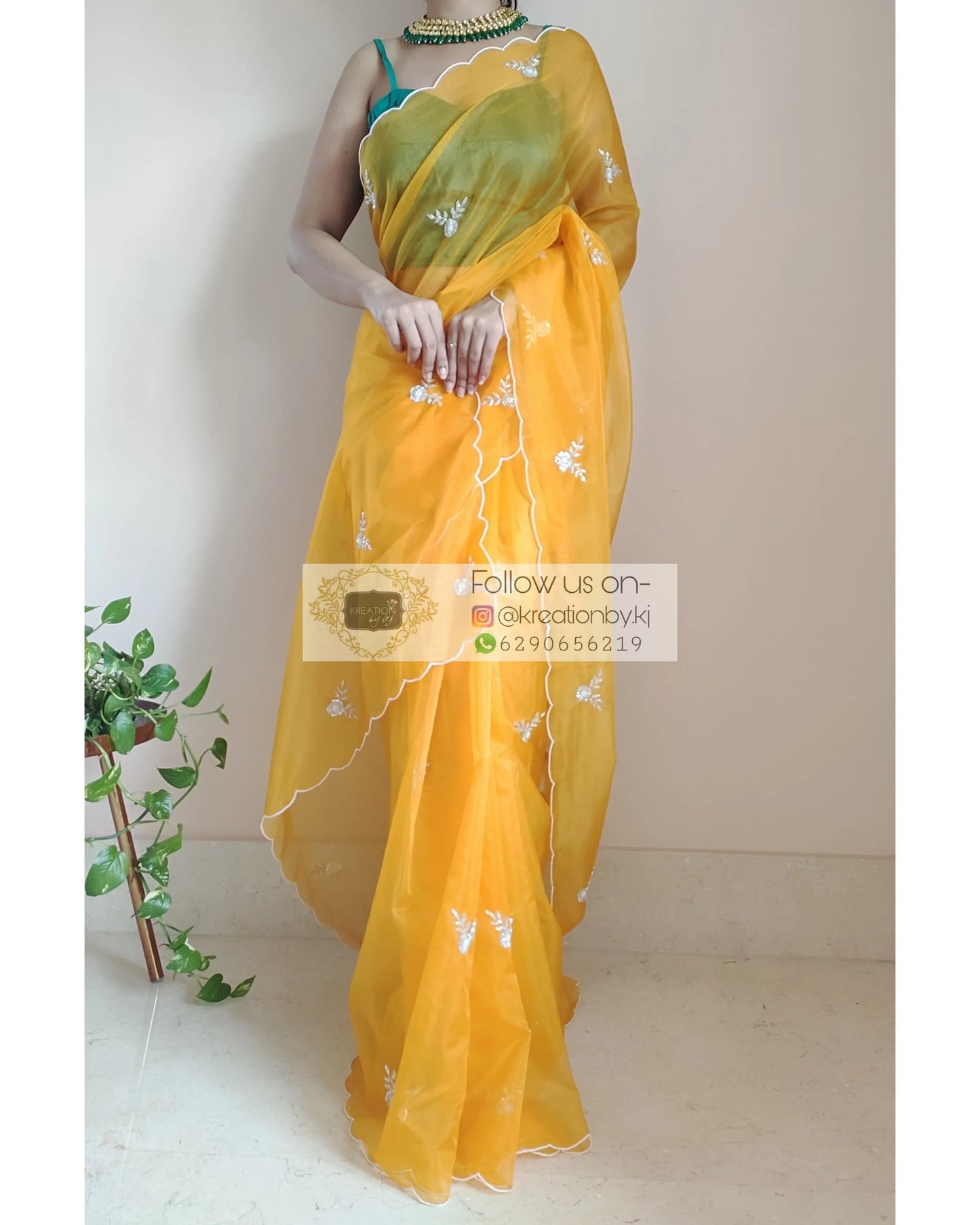 Yellow Organza Silk 86 Bootas Saree - kreationbykj