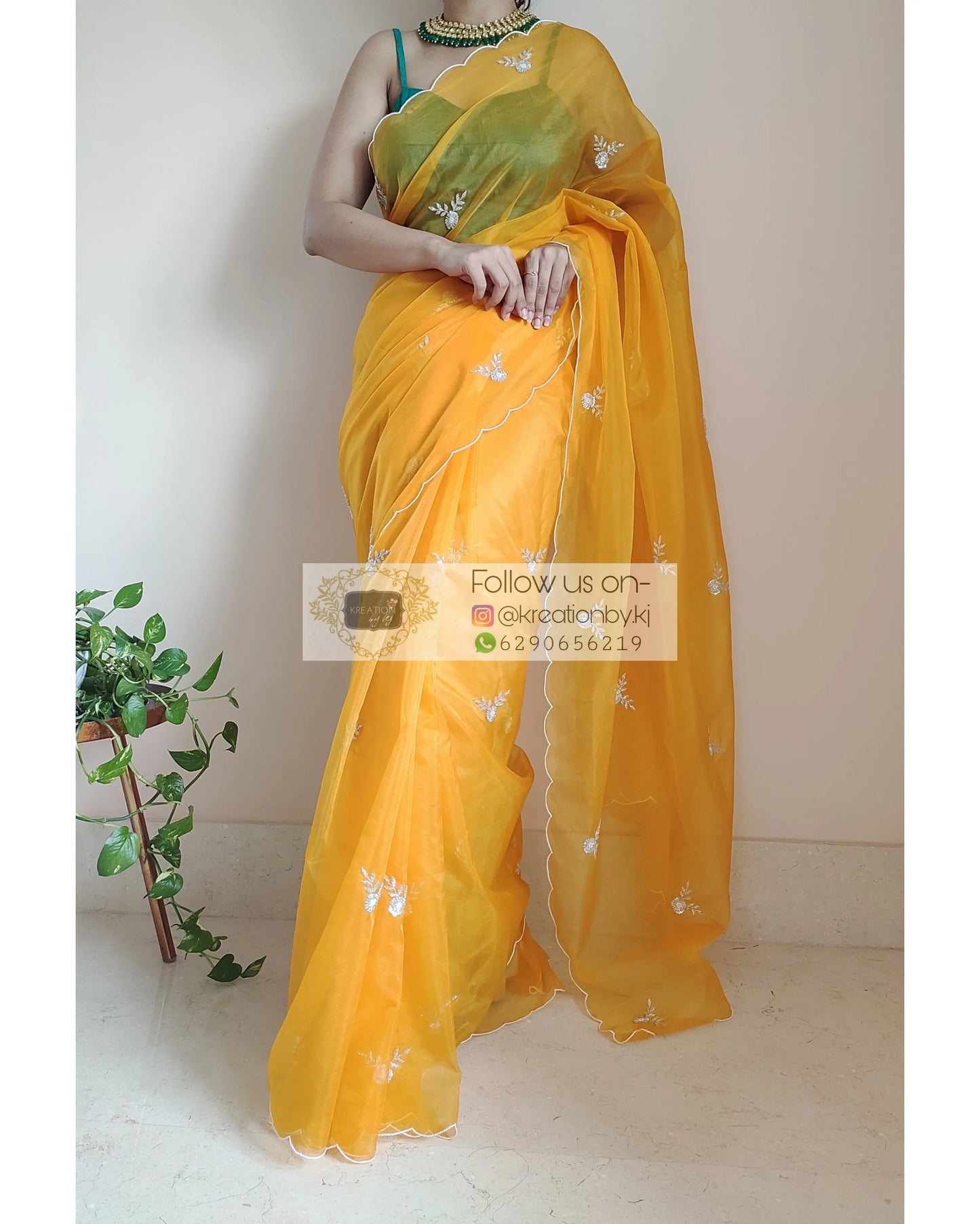 Yellow Organza Silk 86 Bootas Saree - kreationbykj