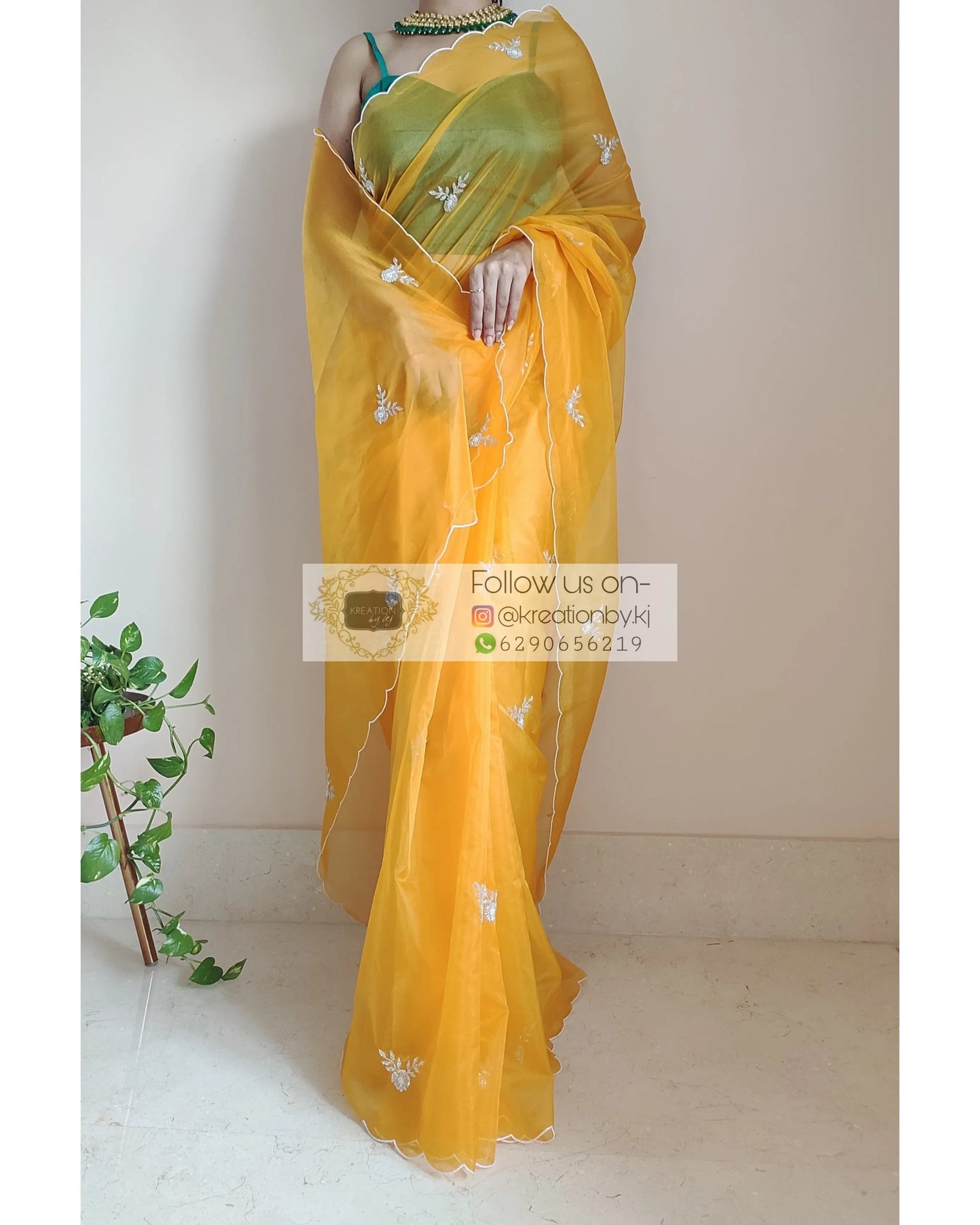 Yellow Organza Silk 86 Bootas Saree - kreationbykj