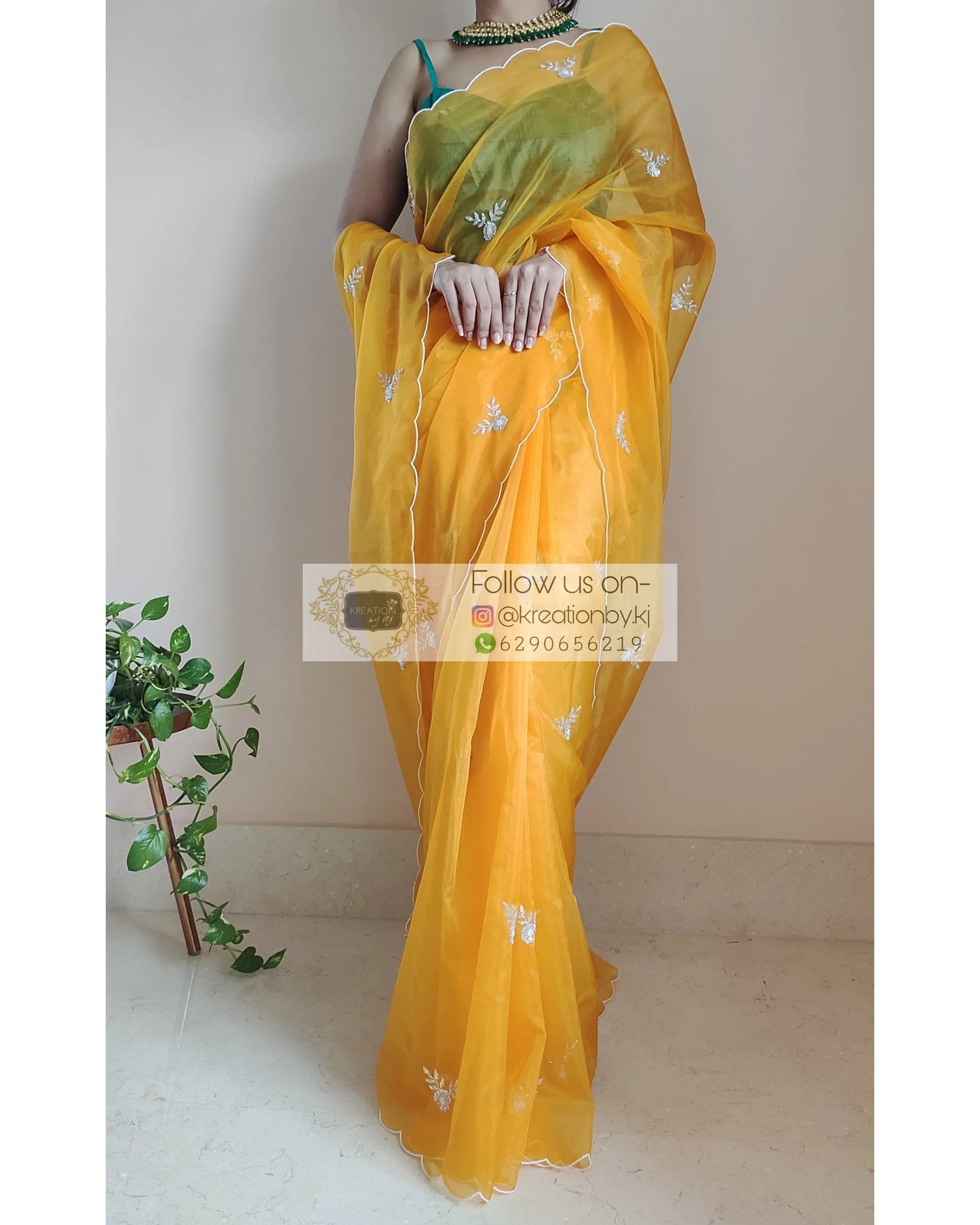 Yellow Organza Silk 86 Bootas Saree - kreationbykj