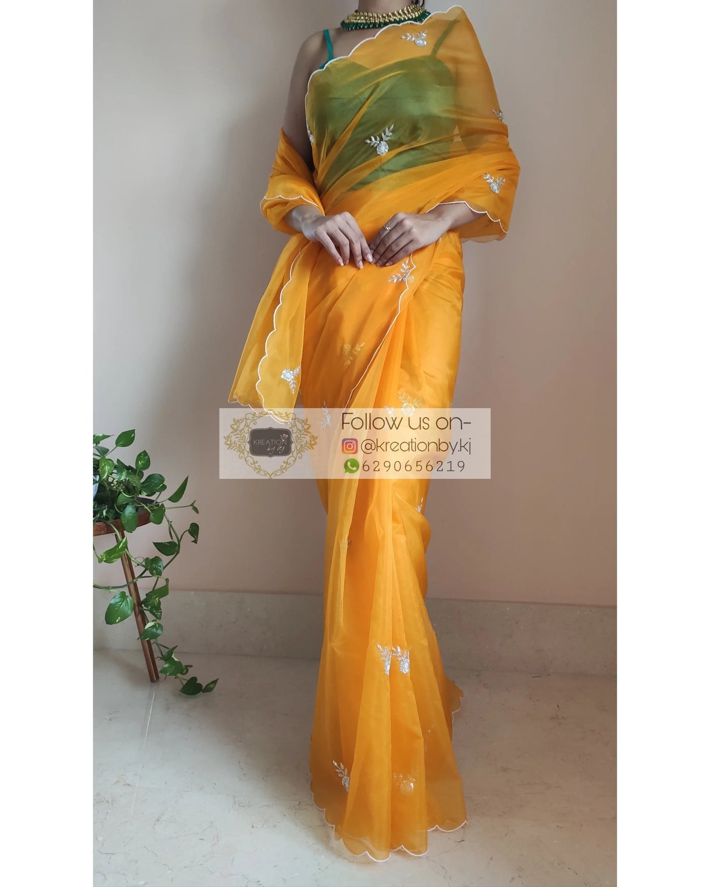 Yellow Organza Silk 86 Bootas Saree - kreationbykj