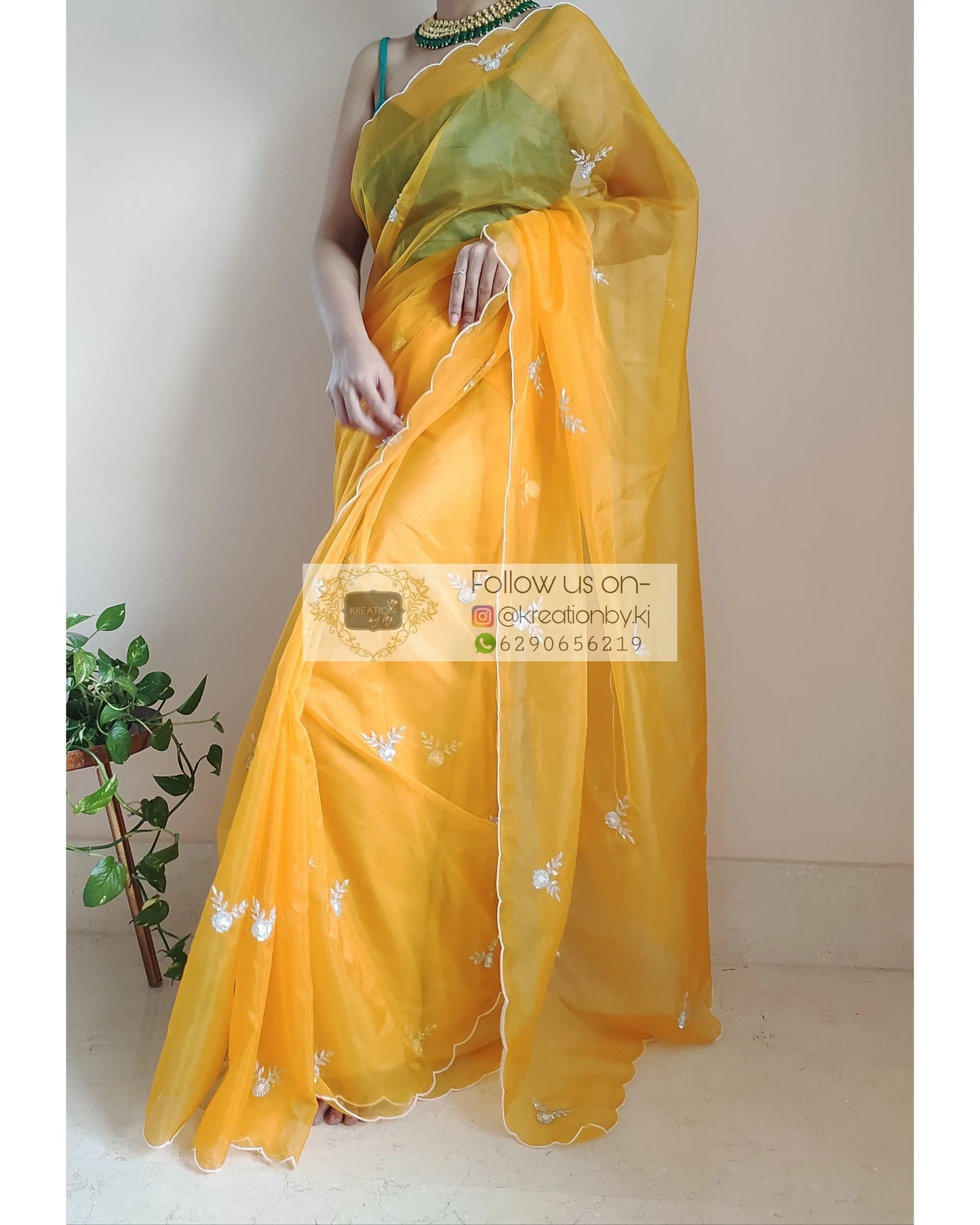 Yellow Organza Silk 86 Bootas Saree - kreationbykj